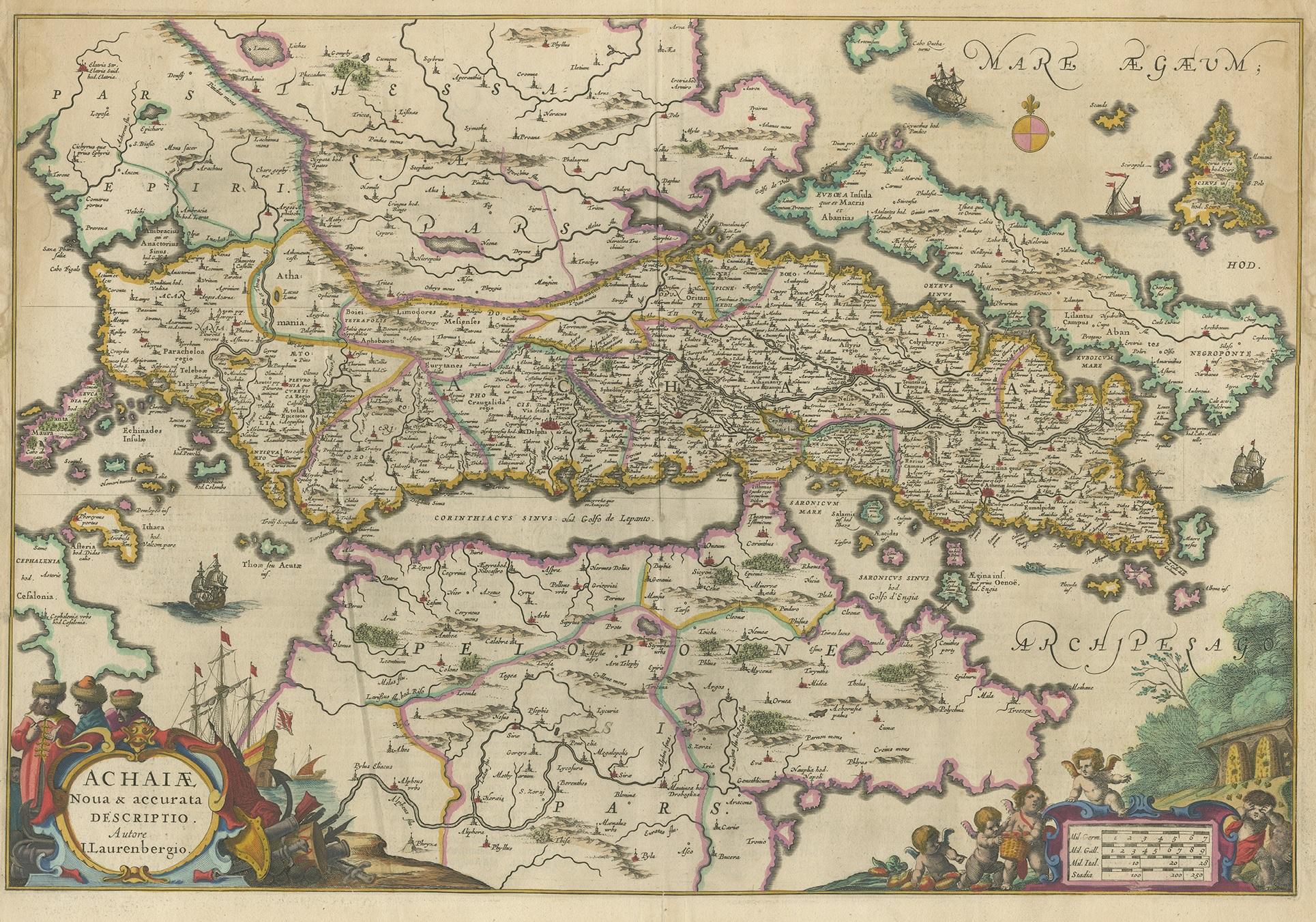 Antique map titled 'Achaiae Nova & accurata descriptio'. Original antique map of Greece, centered on Achaea and coast of the Peloponnese. Published by J. Janssonius, circa 1662.