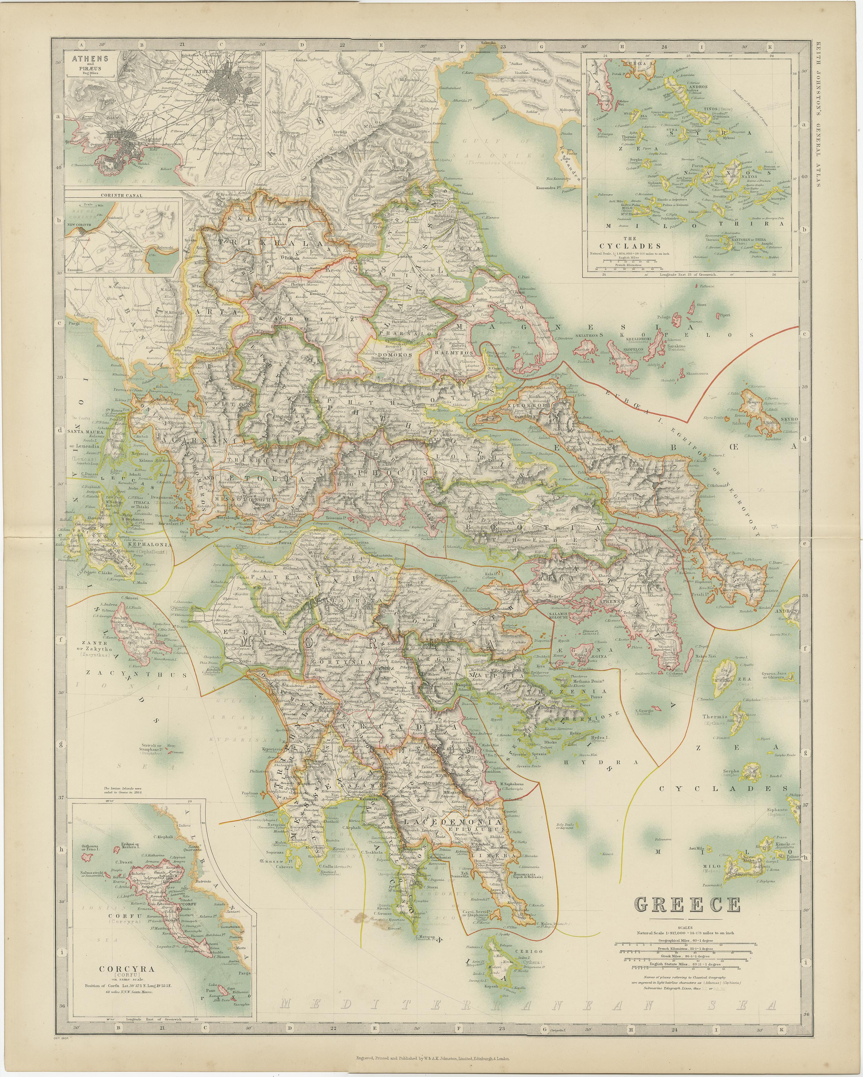 Antique map titled 'Greece'. Original antique map of Greece. with inset maps of Athens, Corinth Canal, Corfu, and the Cyclades. This map originates from the ‘Royal Atlas of Modern Geography’. Published by W. & A.K. Johnston, 1909.