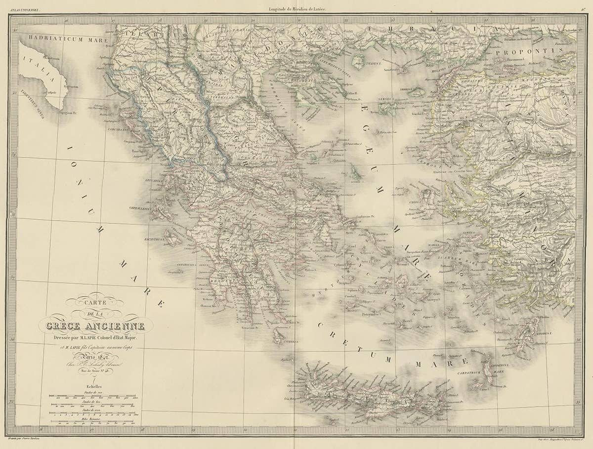 Antique 1842 Map of Greece by Pierre M. Lapie, Mid-19th Century
