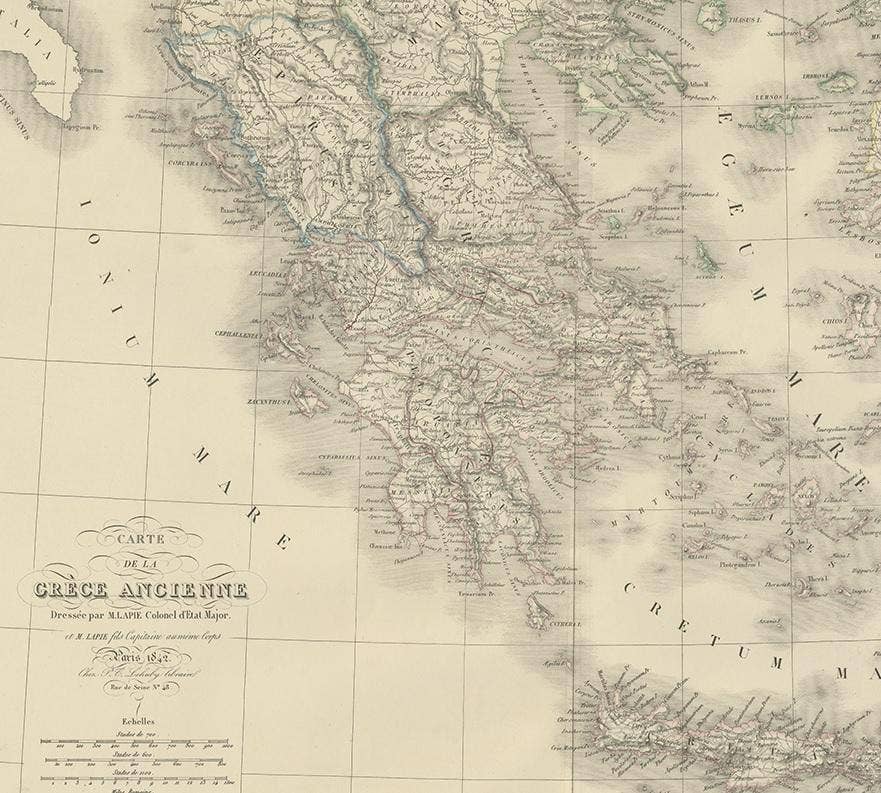 Antique 1842 Map of Greece by Pierre M. Lapie, Mid-19th Century