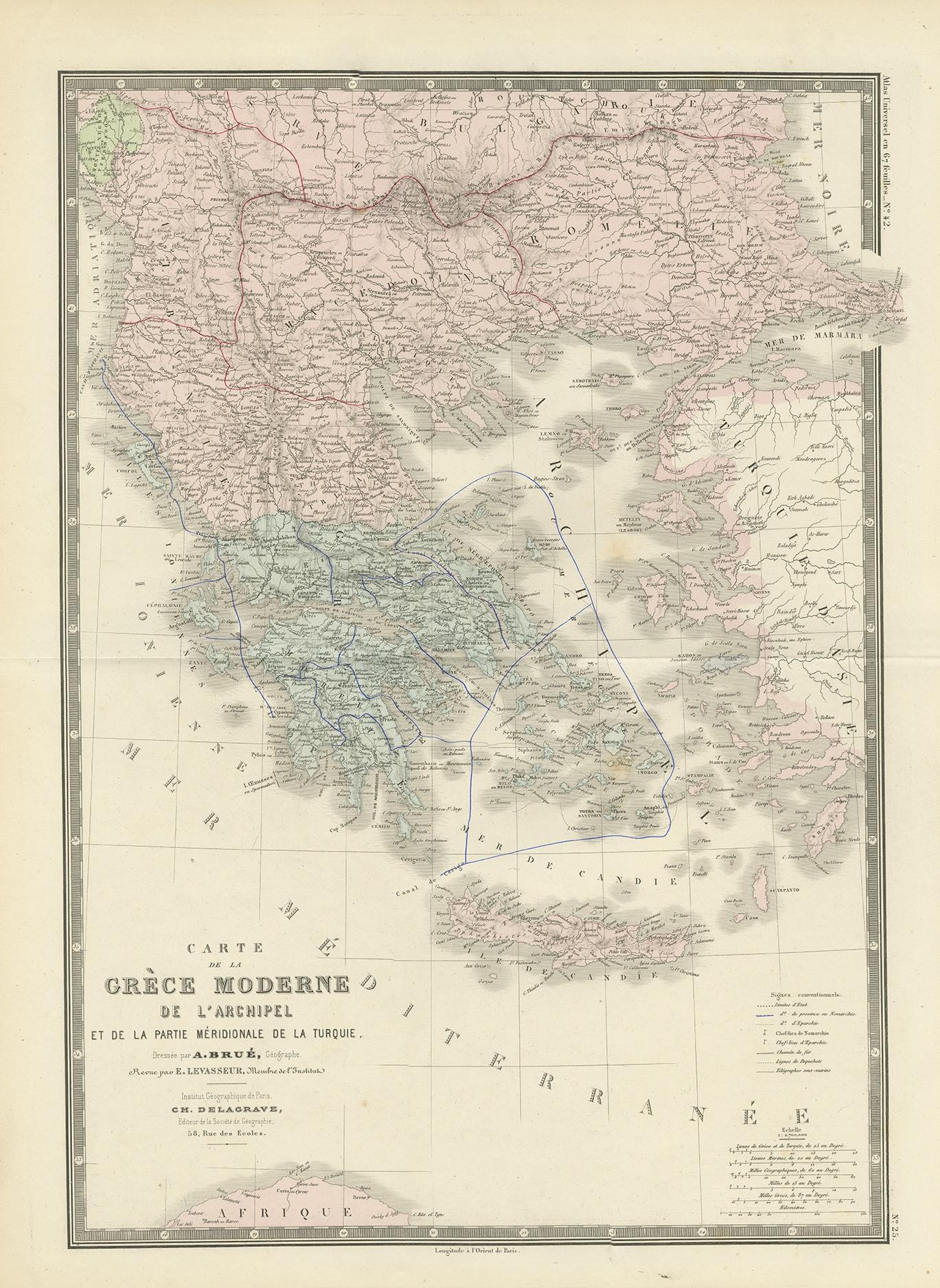 Antique map titled 'Carte de la Grèce Modernde de l'Archipel'. Large map of Greece. This map originates from 'Atlas de Géographie Moderne Physique et Politique' by A. Levasseur. Published 1875.