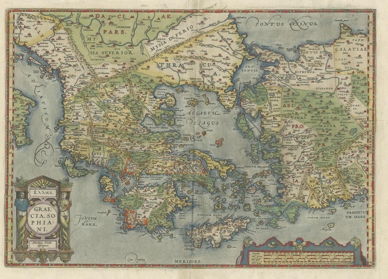 Antique map titled 'Graecia Sophiani'. Original antique map of Greece, Turkey and Asia Minor, with neighboring islands. Published by A. Ortelius, circa 1579.