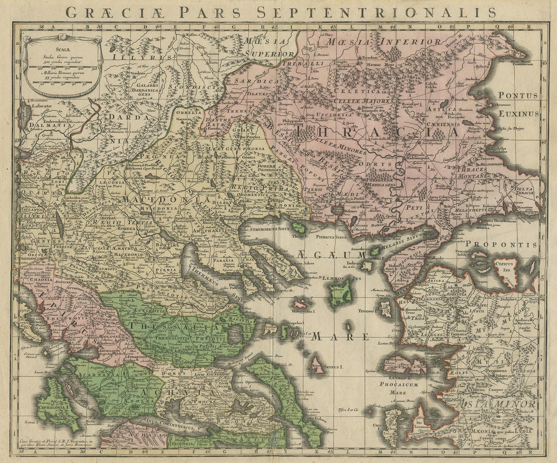 Antique map titled 'Graecia pars Septentrionalis'. Original antique map of Greece, uncommon. Signed cum Gratia et Privil. S.R.I. Vicariatus (..)'. Published by Seutter or Lotter, circa 1740.