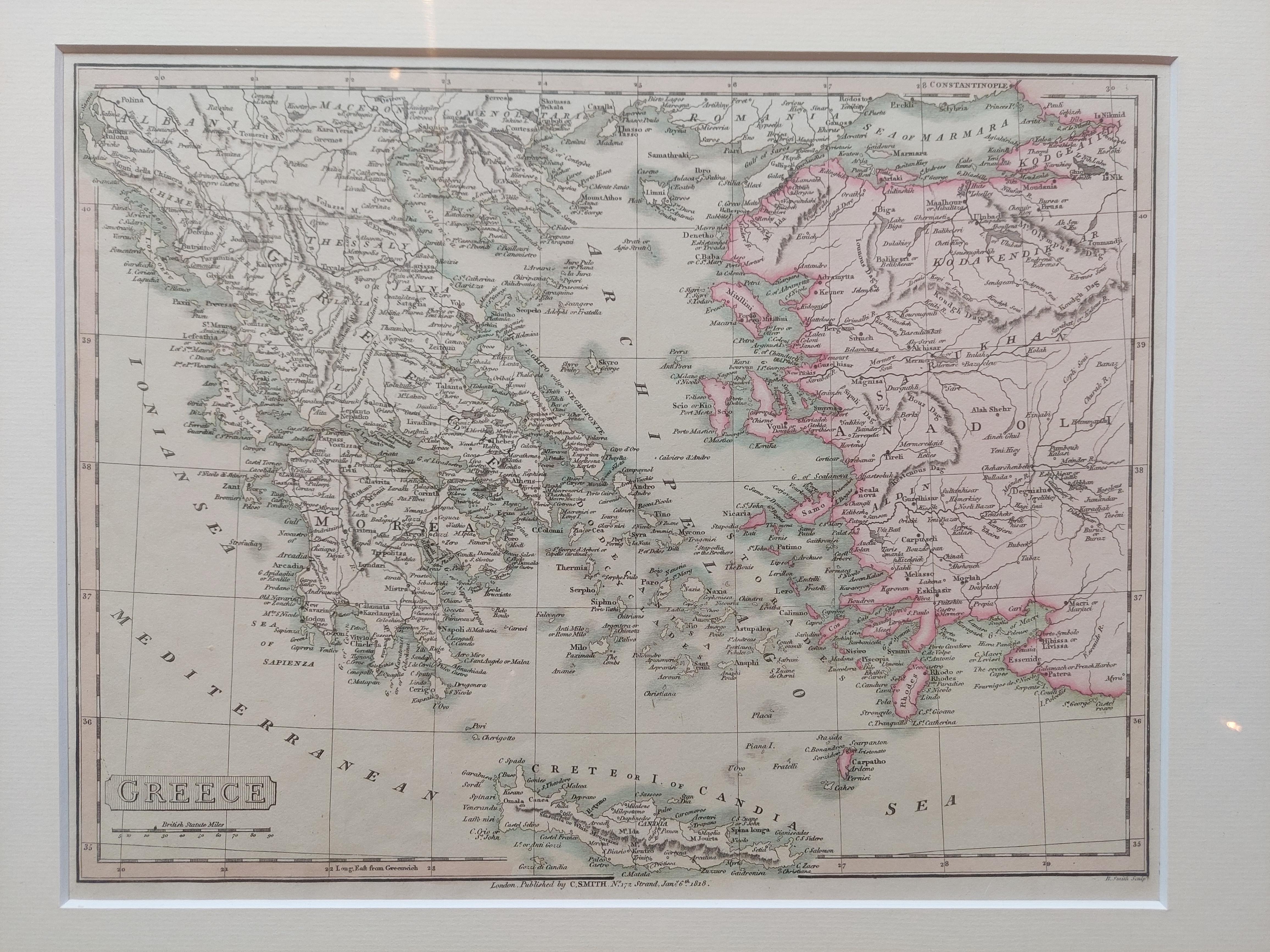 Nicely framed map titled 'Greece'. Original antique map of Greece published by C. Smith, 1818. Frame included.