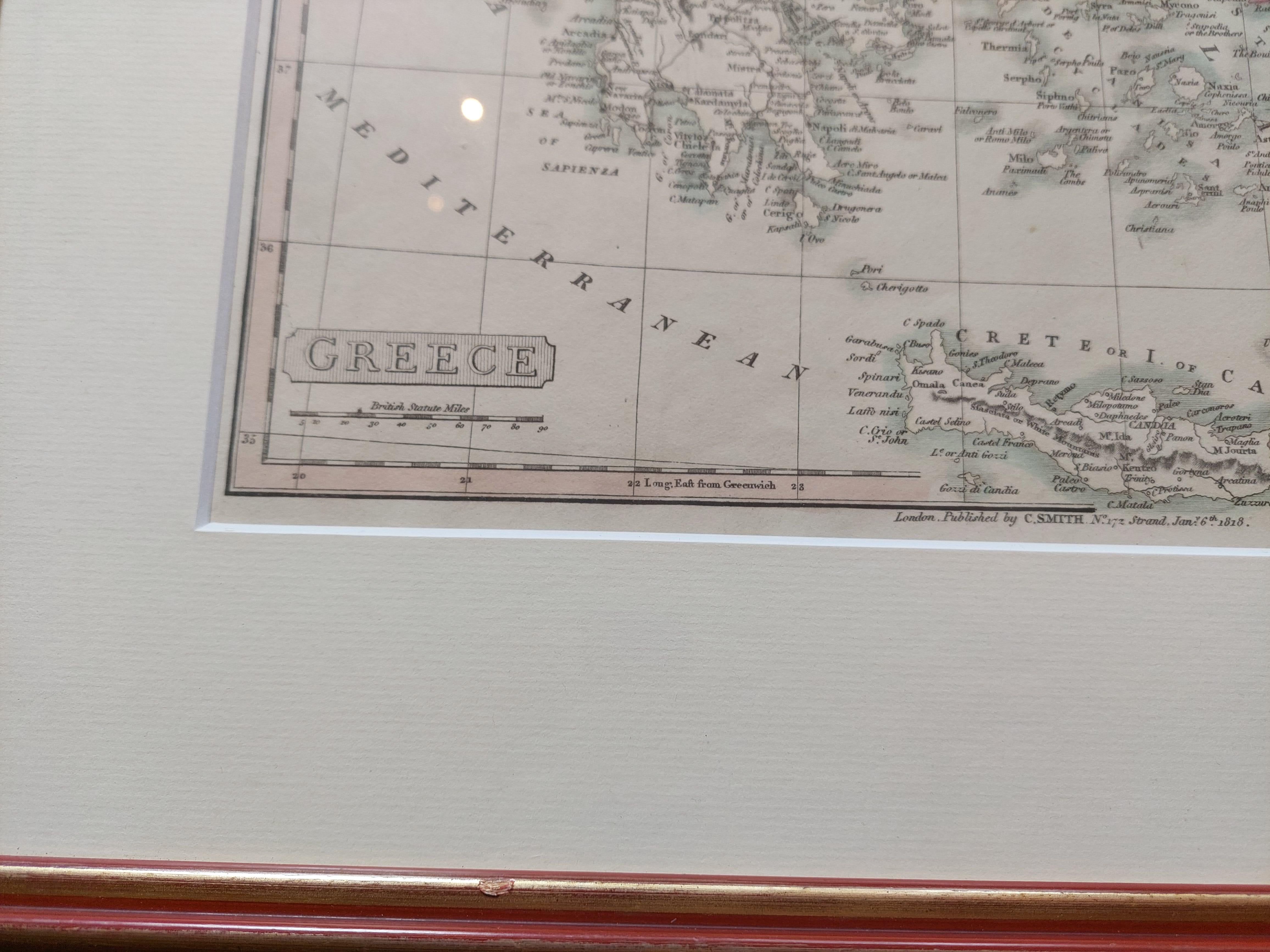 Original Antique Map  in Frame of Greece by Smith '1818' In Good Condition For Sale In Langweer, NL