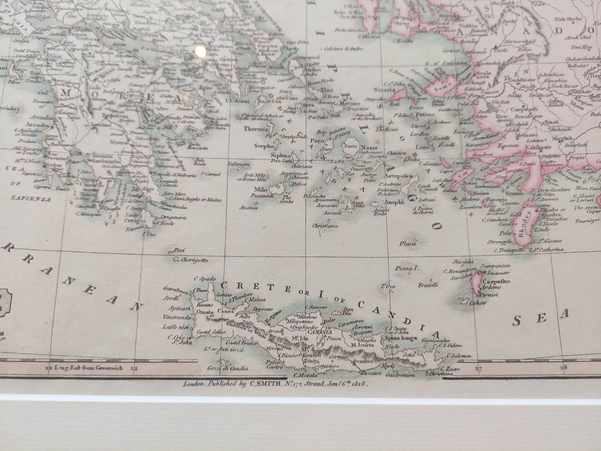 Original Antique Map in Frame of Greece by Smith '1818'