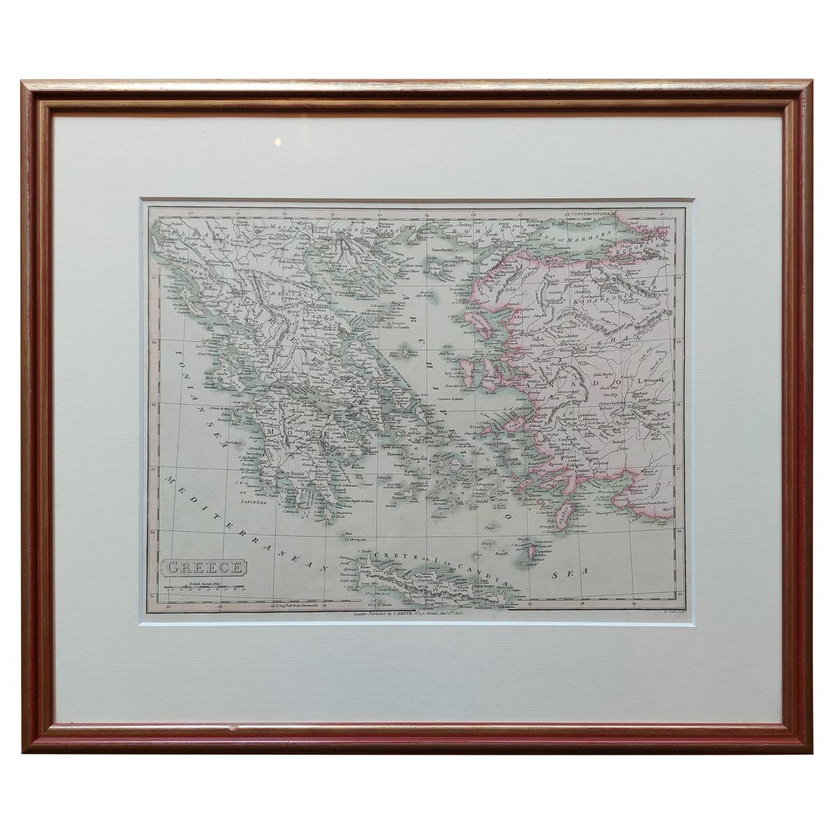 Original Antique Map in Frame of Greece by Smith '1818'