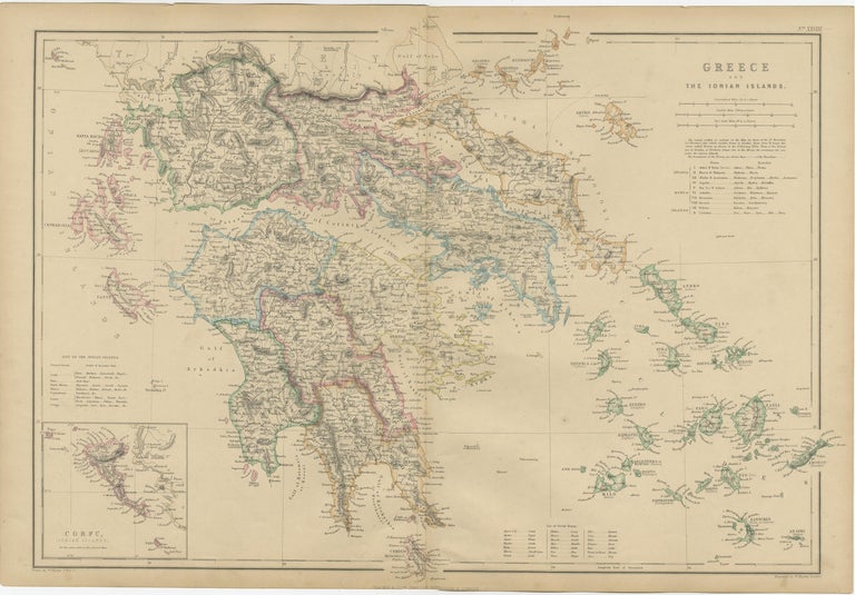 Antique map titled 'Greece and the Ionian Island'. Original antique map of Greece and the Ionian Islands with inset map of Corfu. This map originates from ‘The Imperial Atlas of Modern Geography’. Published by W. G. Blackie, 1859.