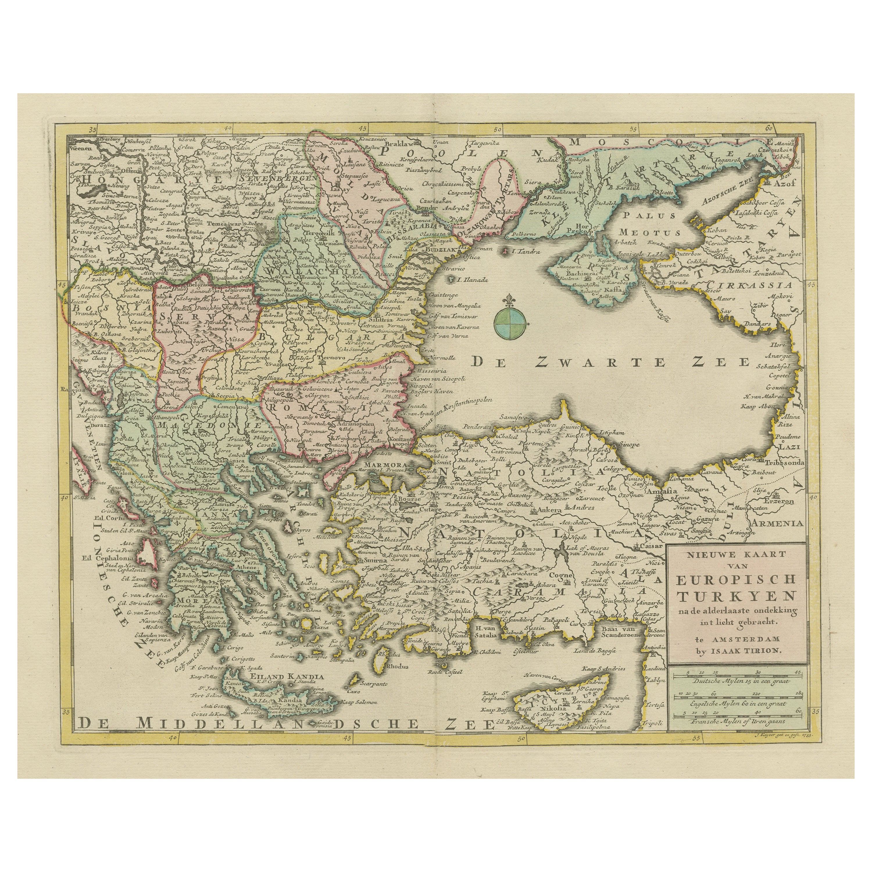 Mapa antiguo de Grecia, Turquía y alrededores con coloreado original