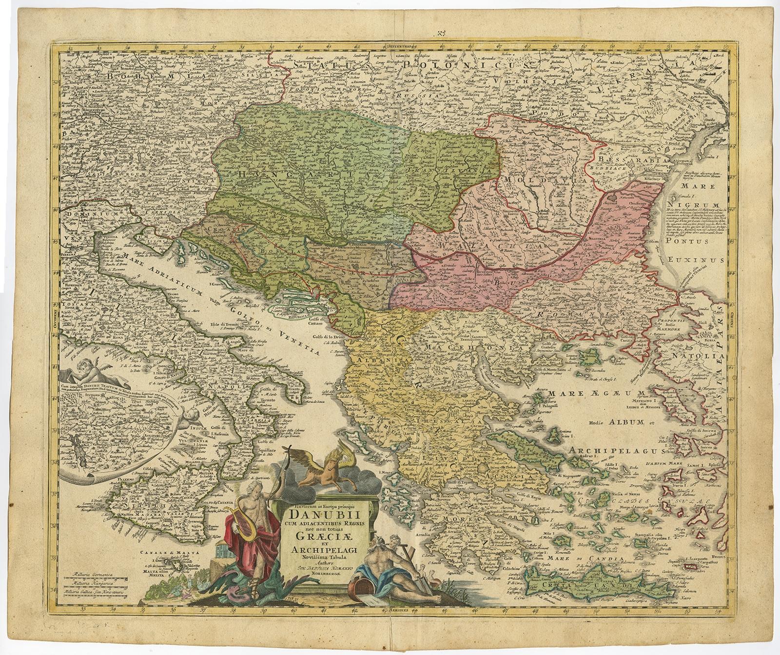 Antike Karte mit dem Titel 'Fluviorum in Europa principis Danubii cum adiacentibus Regnis'. 

Detaillierte Karte von Griechenland, dem Balkan und den angrenzenden Teilen der Adria und des Ägäischen Meeres. Die Karte ist mit einer markanten Kartusche
