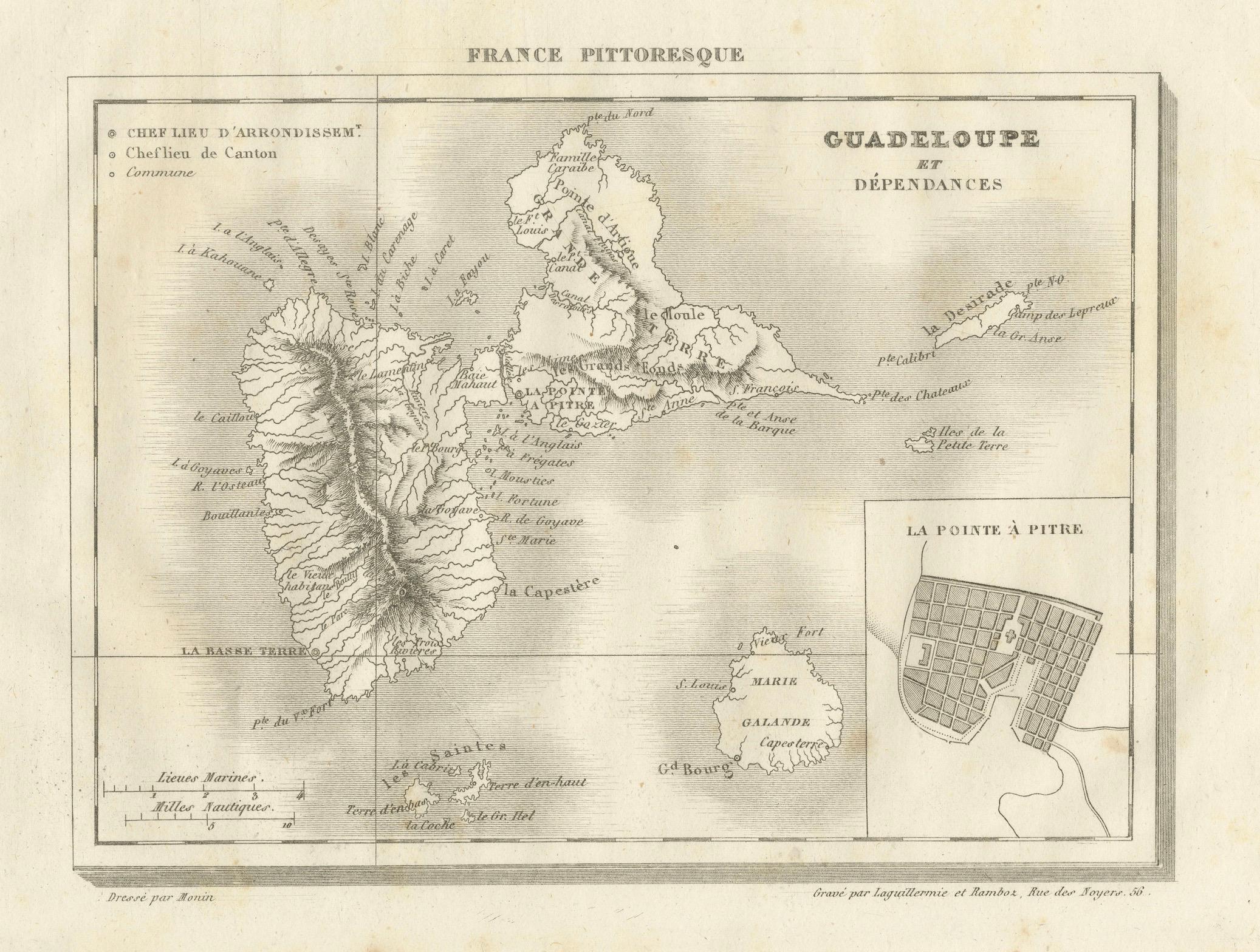 Carte ancienne de la Guadeloupe et de ses dépendances - France Pittoresque, c. C.C.  

Cette carte ancienne finement gravée de la Guadeloupe et de ses dépendances provient de France Pittoresque, une publication géographique et picturale du XIXe