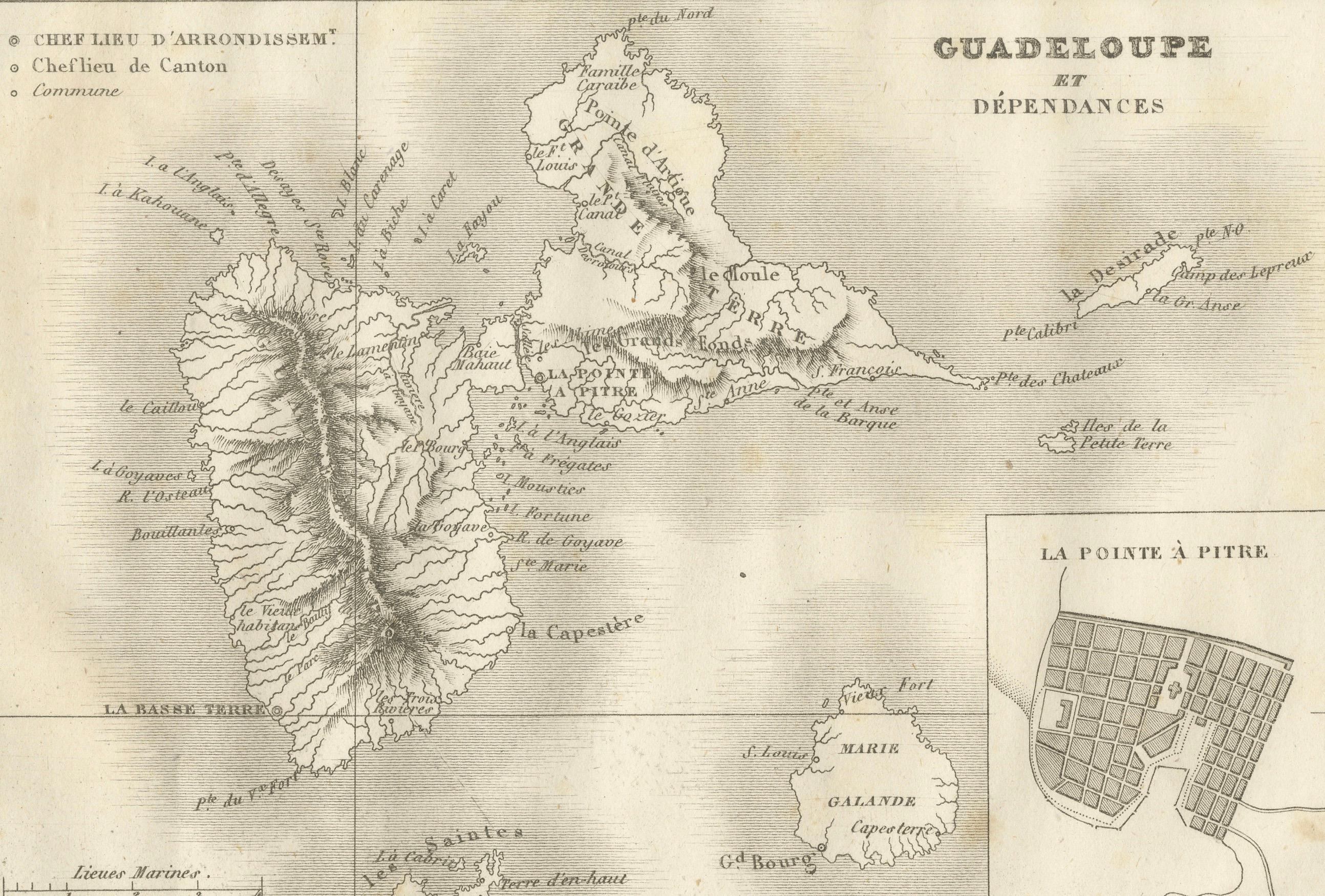 Carte ancienne de la Guadeloupe et de ses dépendances - France Pittoresque, c. C.C. Bon état - En vente à Langweer, NL