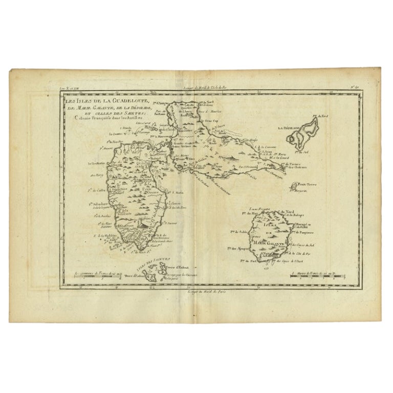 Mapa antiguo de Guadalupe con Les Saintes, Grand Bourg y La Désirade, c.1780