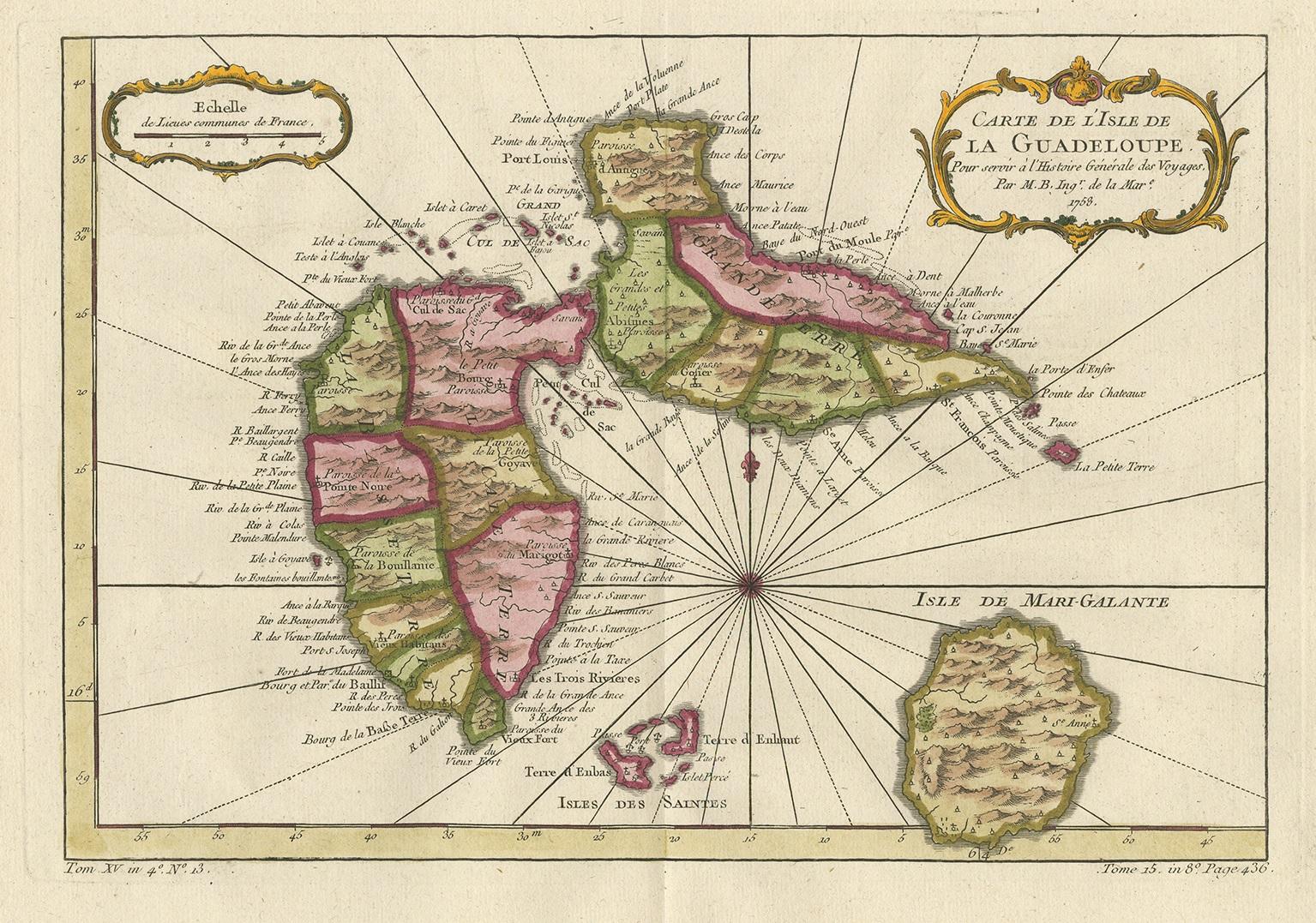 Antique map titled 'Carte De L'Isle De La Guadeloupe'. Detailed map of Guadalupe, Mari-Galante and the Isles de Saintes. Produced by Nichlas Bellin for Prevost d'Exiles influential travel book, L'Histoire Generale des Voyages.