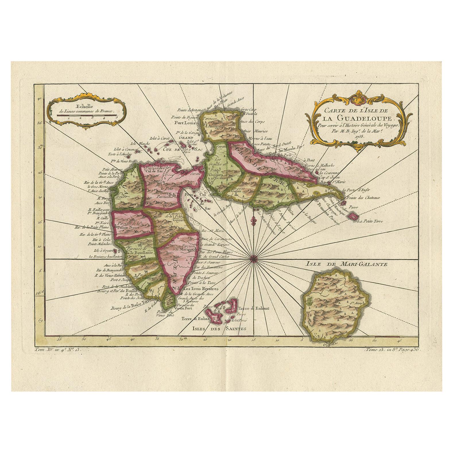Carte ancienne de Guadelupe aux Caraïbes, 1759