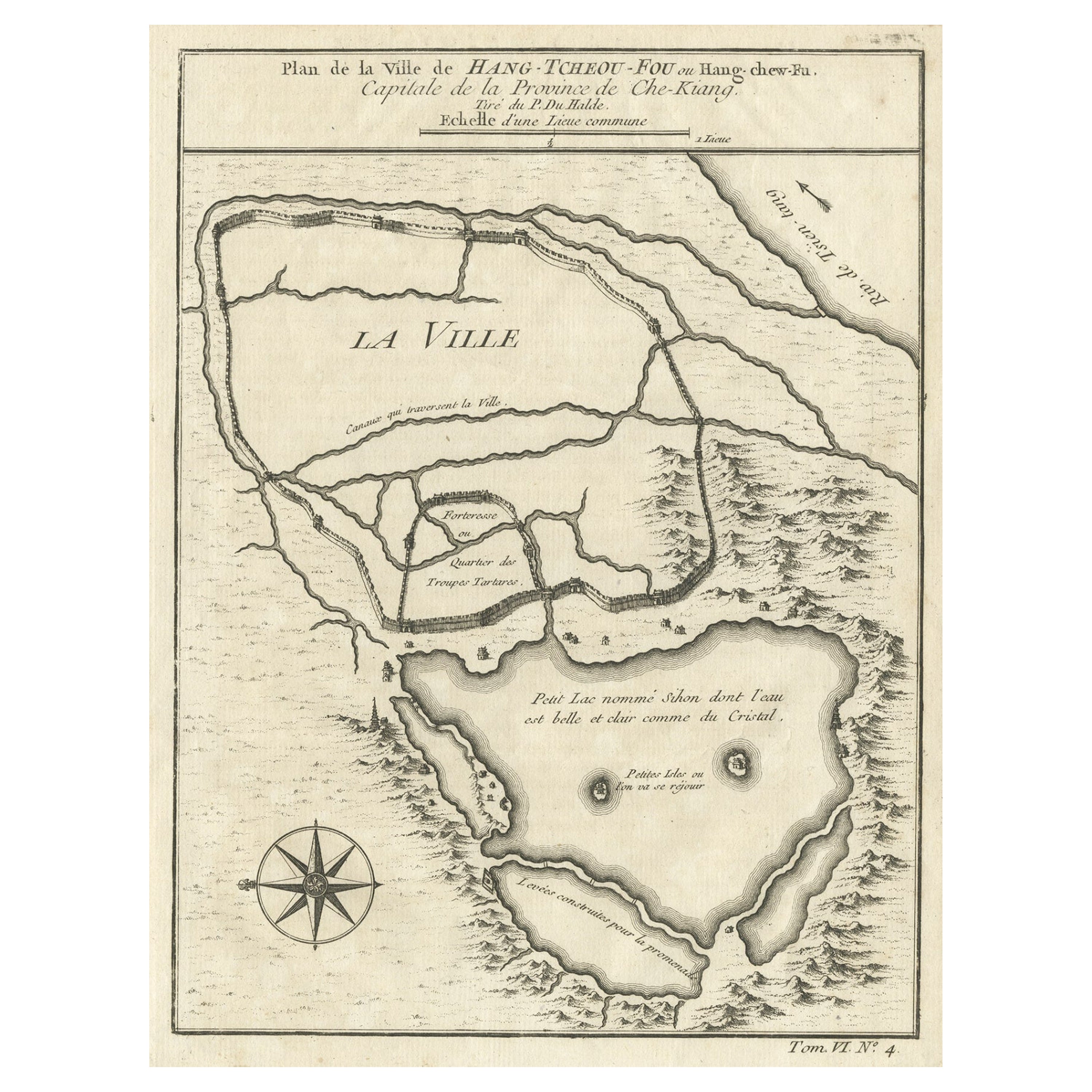 Carte ancienne de Hangzhou, capitale de la province de Zheijang, Chine, 1748