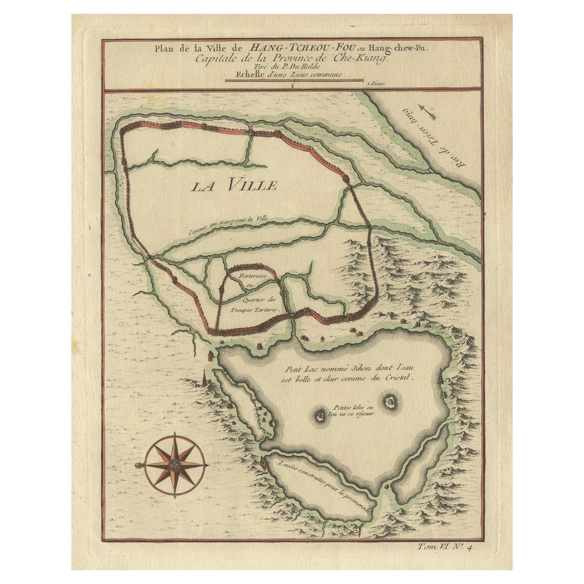 Carte ancienne de Hangzhou, capitale de la province de Zheijang, Chine, vers 1750