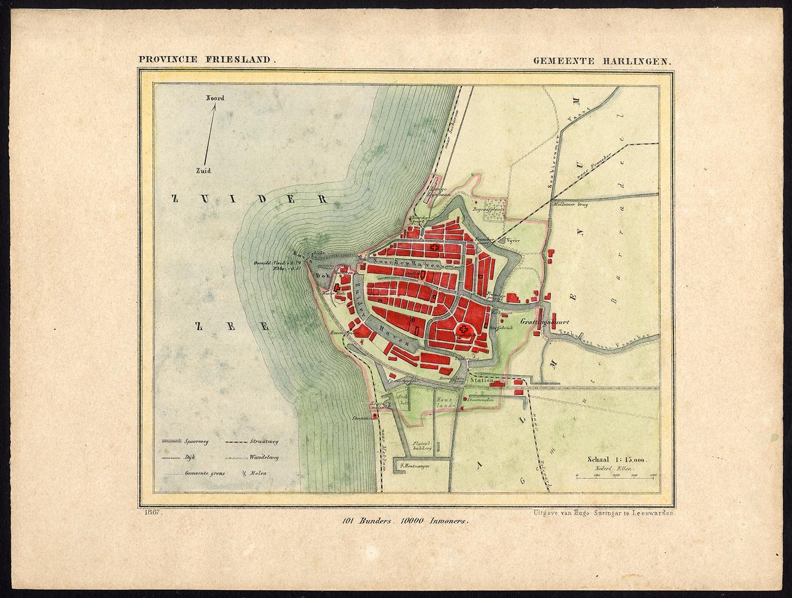 Antique map titled 'Provincie Friesland - Gemeente Harlingen'. 

Map of the township of Harlingen, Friesland. This map originates from 'Gemeente-Atlas van Nederland' by J. Kuyper. Artists and Engravers: 

Artist: Published by H.