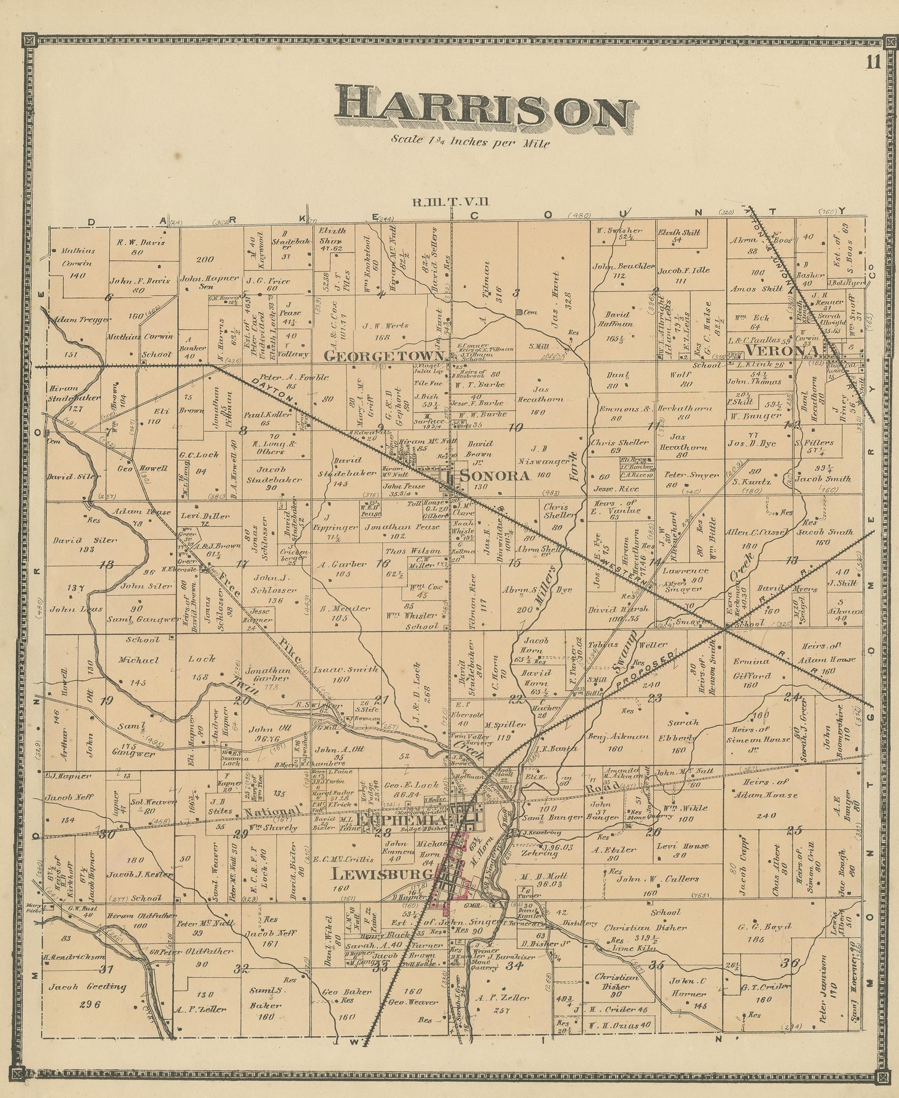 Antique map titled 'Harrison'. Original antique map of Harrison, Ohio. This map originates from 'Atlas of Preble County Ohio' by C.O. Titus. Published, 1871.