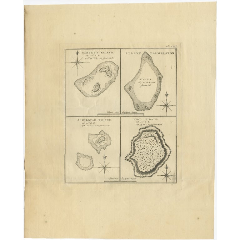 Antique map Oceania titled 'Harvey's Eiland...''. 

This map originates from 'Reizen Rondom de Waereld door James Cook''. 

Old engraving by James Cook 1778. 
Engraved by Robert Bernard 

Four engraved voyage maps on one sheet: Isle d'Harvey