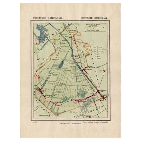 Antique Map of Haskerland, Township in Friesland, The Netherlands, 1868