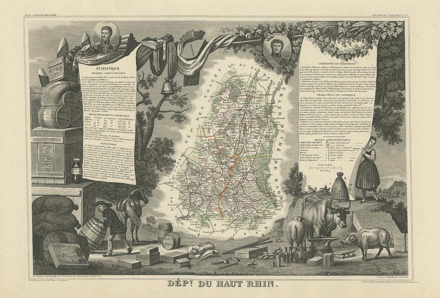 Antique map titled 'Dépt. du Haut Rhin'. Map of the French department of Haut-Rhin, France. This mountainous area is part of the Alsace wine region and is known for its production of both Pinot Noir and Pinot Gris. The map is surrounded by elaborate