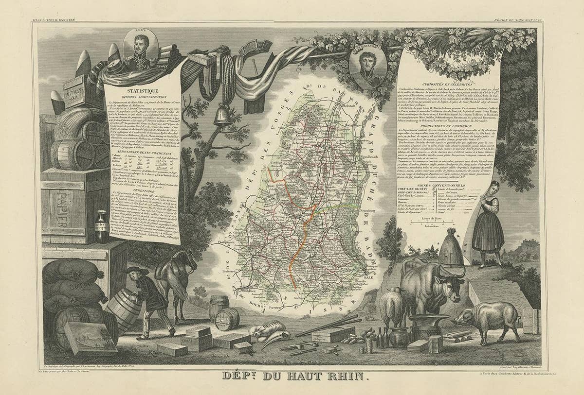 Antique Map of Haut-Rhin, France by V. Levasseur, 1854