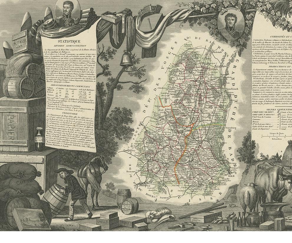 Antique Map of Haut-Rhin, France by V. Levasseur, 1854 In Good Condition For Sale In Langweer, NL