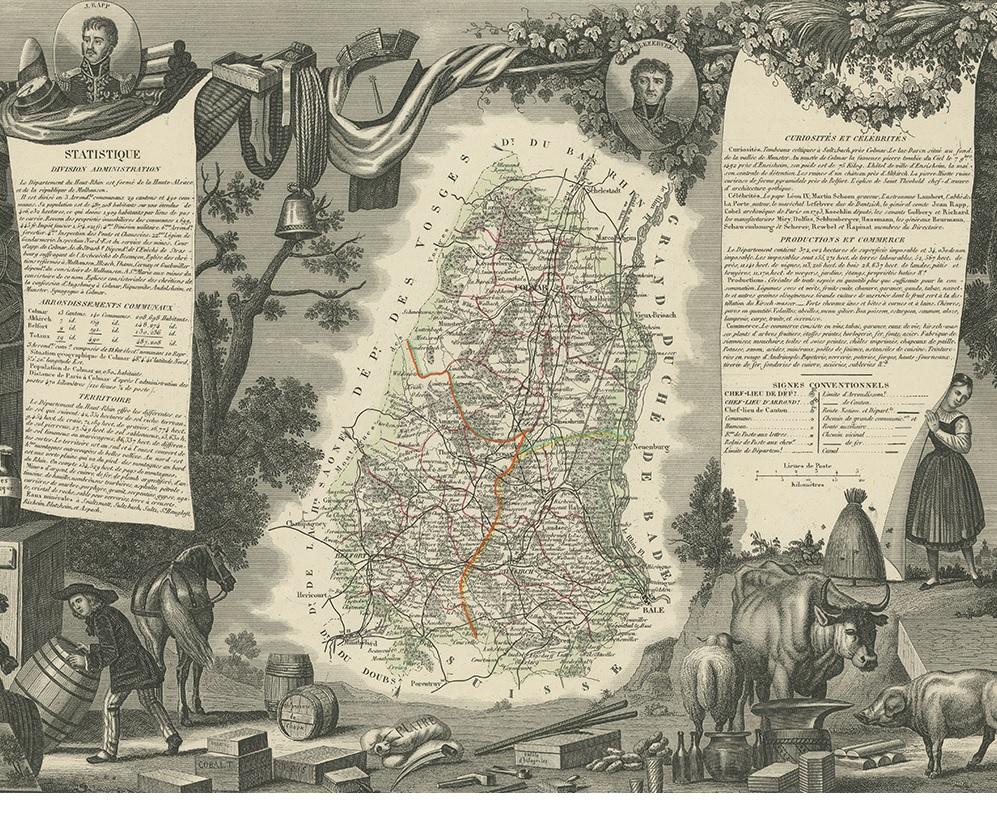 19th Century Antique Map of Haut-Rhin, France by V. Levasseur, 1854 For Sale