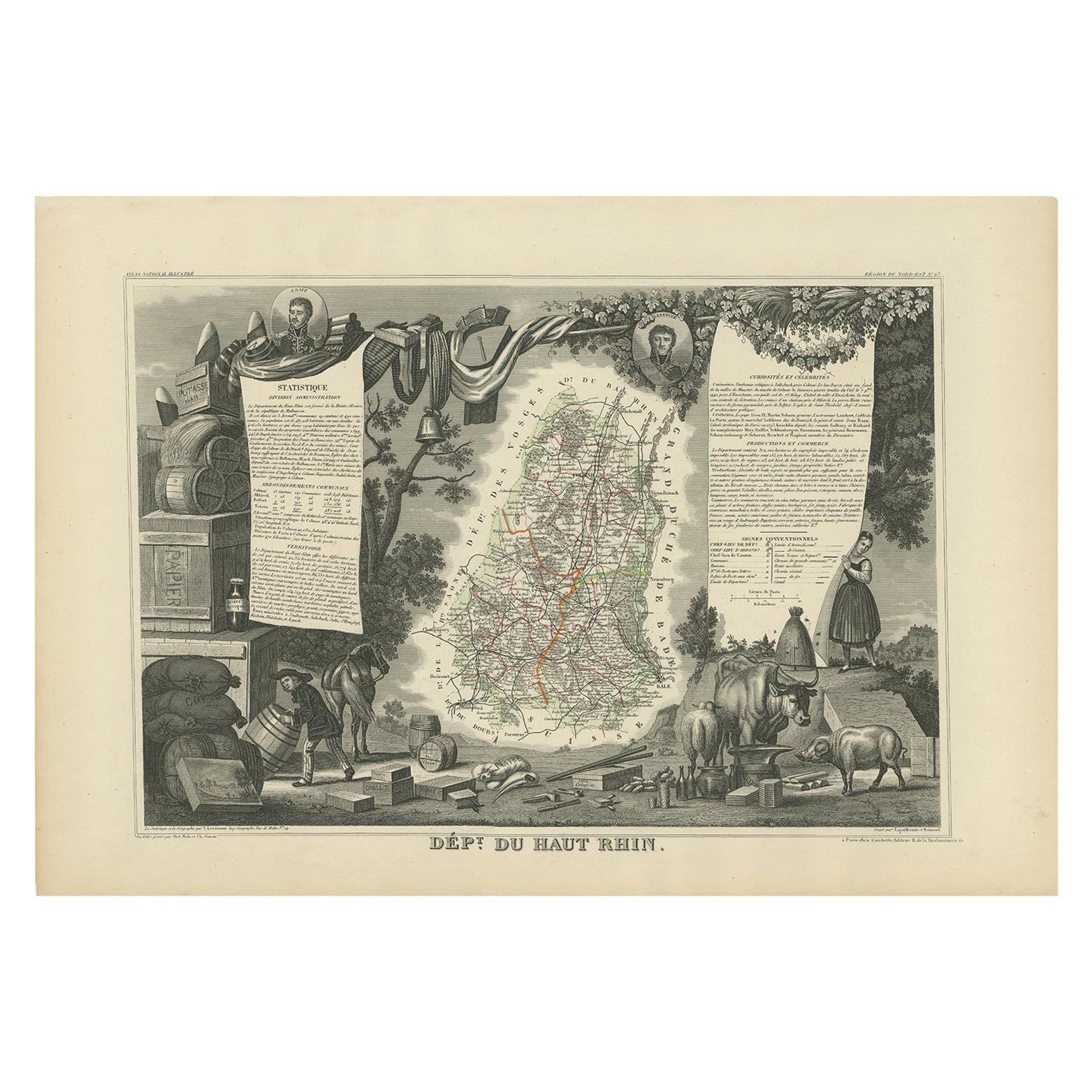 Antique Map of Haut-Rhin, France by V. Levasseur, 1854 For Sale