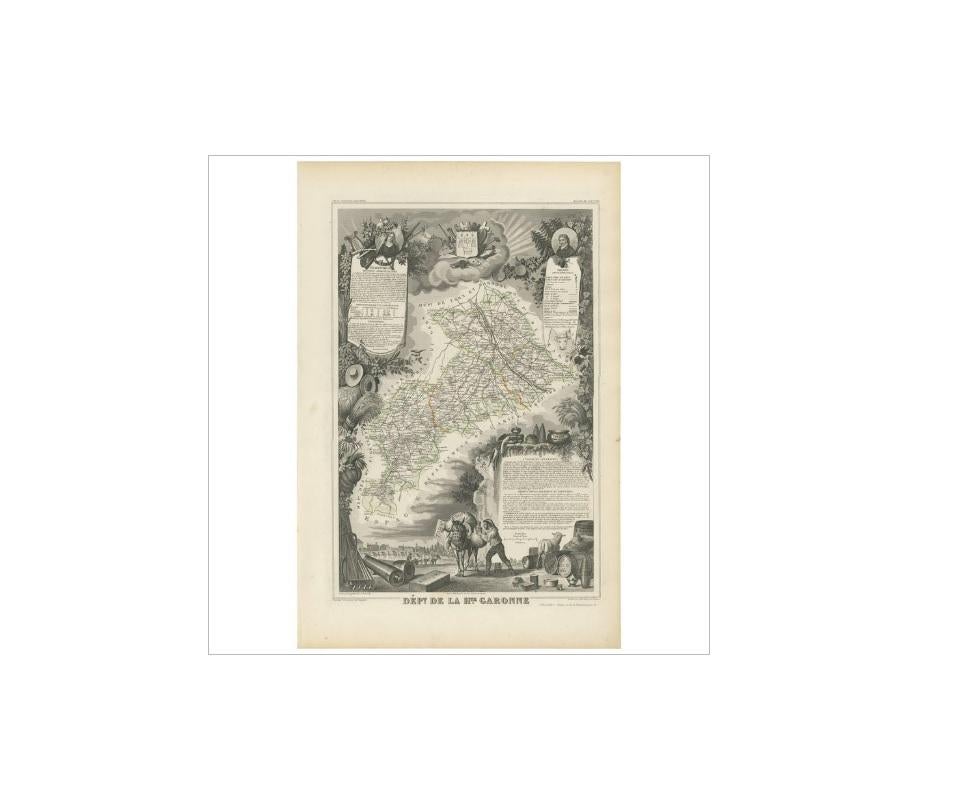 Antique map titled 'Dépt. de la Hte. Garonne'. Map of the French department of Haute-Garonne, France. This area of France produces the delicious but lesser known Buzet wines, and tender Rocamadour cheeses. The whole is surrounded by elaborate