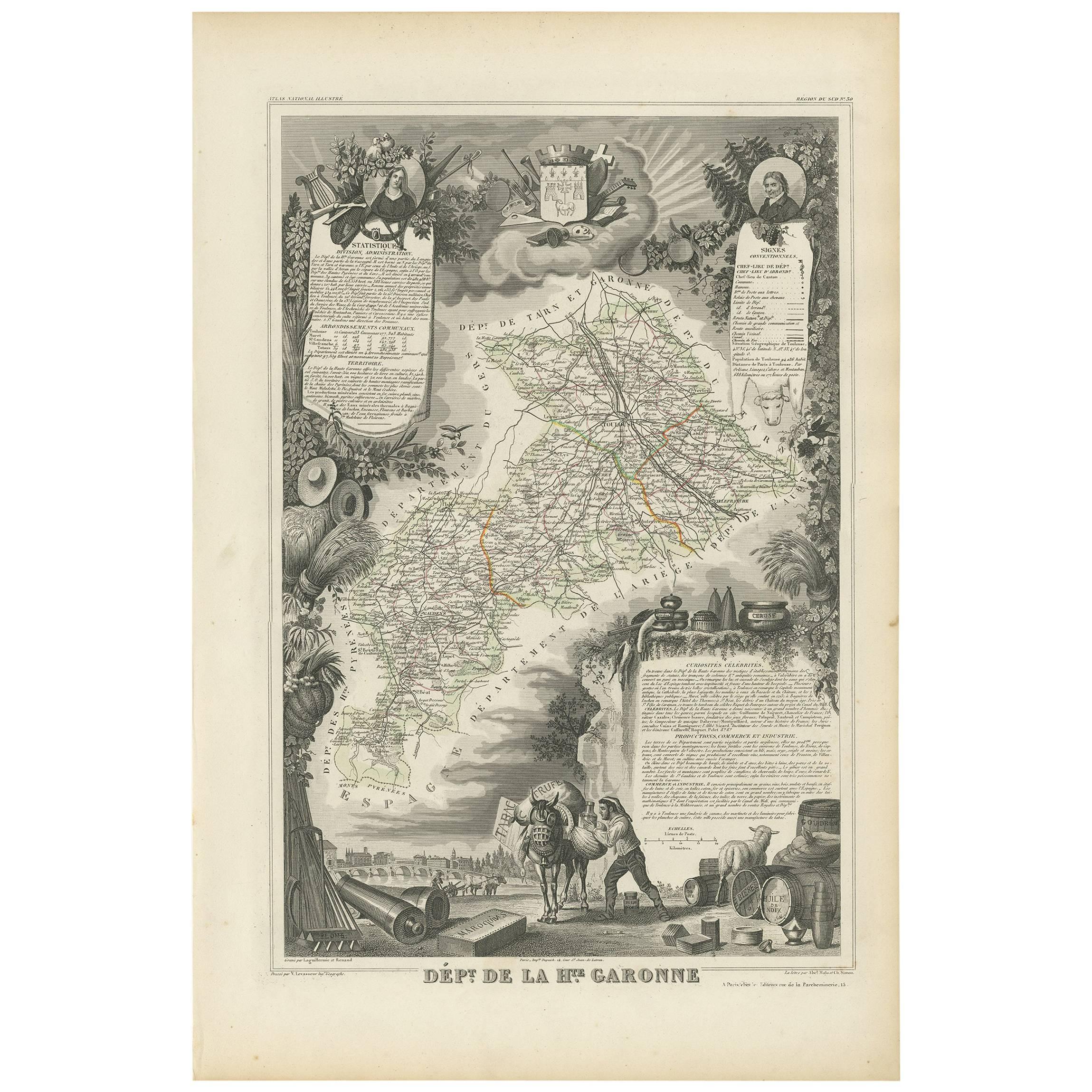 Antique Map of Haute-Garonne ‘France’ by V. Levasseur, 1854 For Sale
