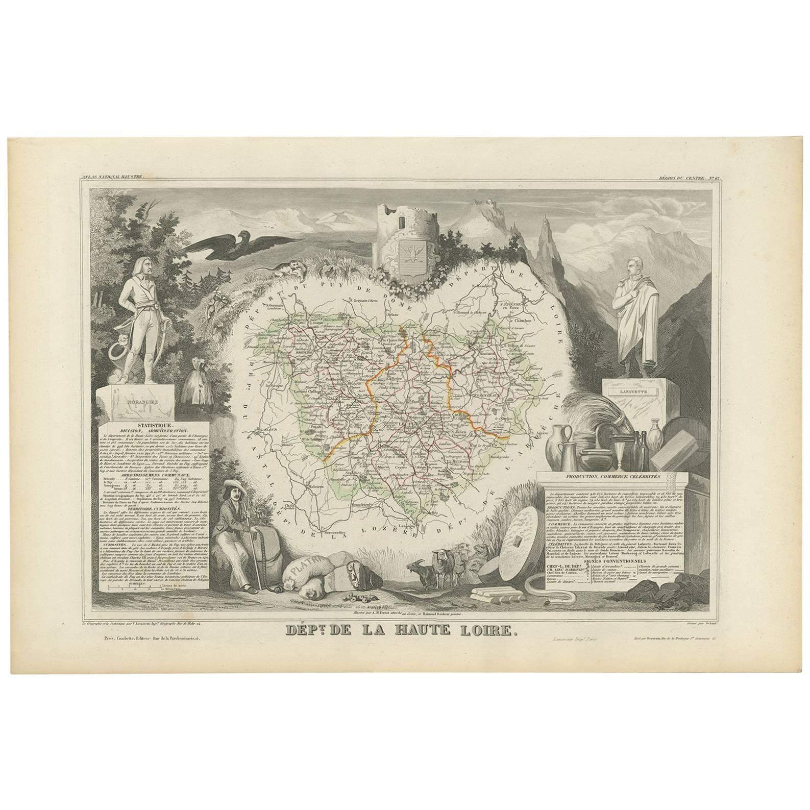 Antique Map of Haute Loire ‘France’ by V. Levasseur, 1854 For Sale