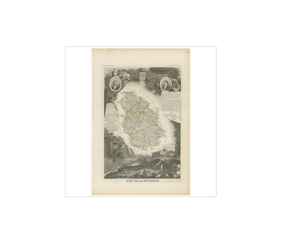 Antique map titled 'Dépt. de la Hte. Marne'. Map of the French department of Haute Marne, France. This department is part of the Champagne region, where the world-famous sparkling wine of the same name is produced. This area is known for a variety