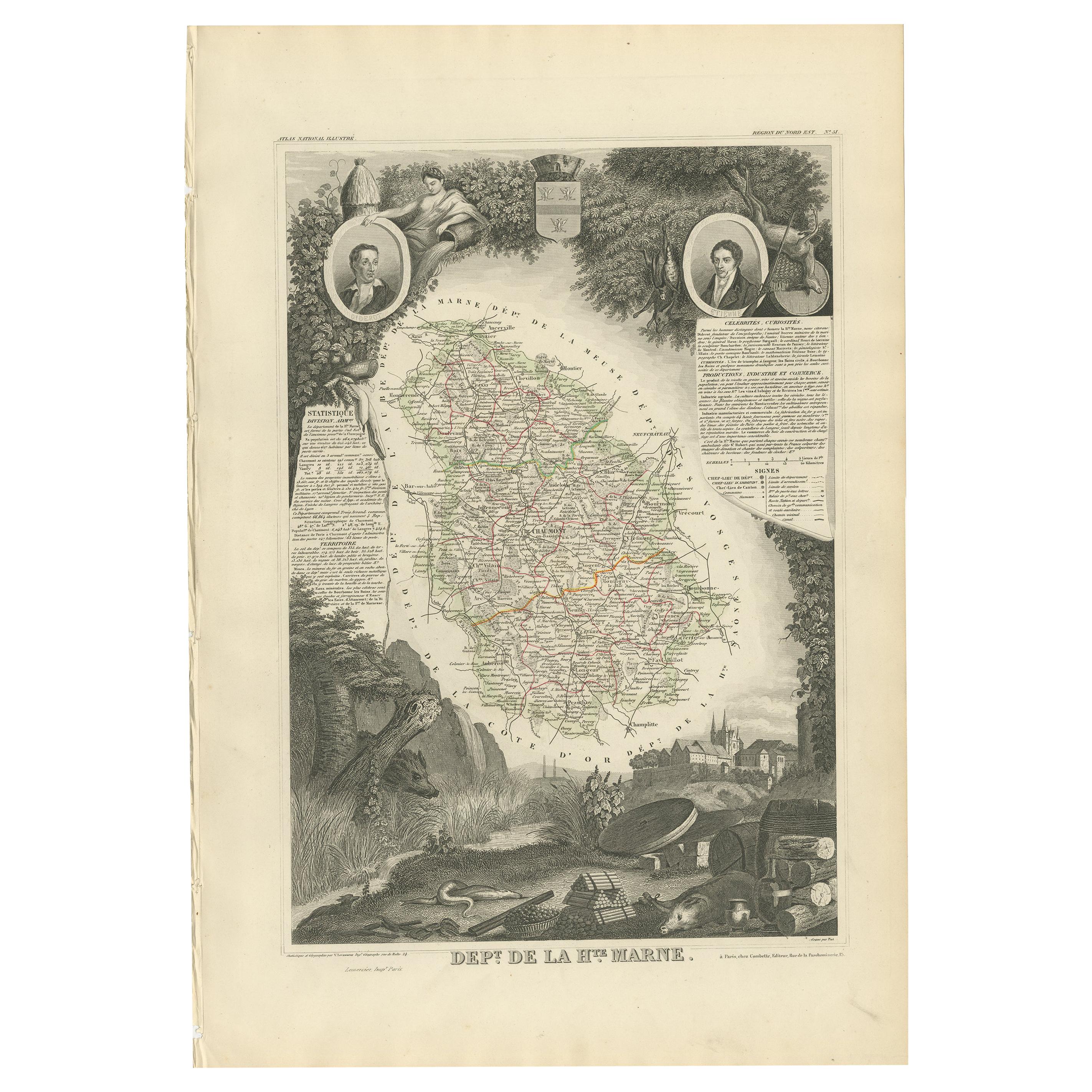 Antique Map of Haute Marne ‘France’ by V. Levasseur, 1854 For Sale