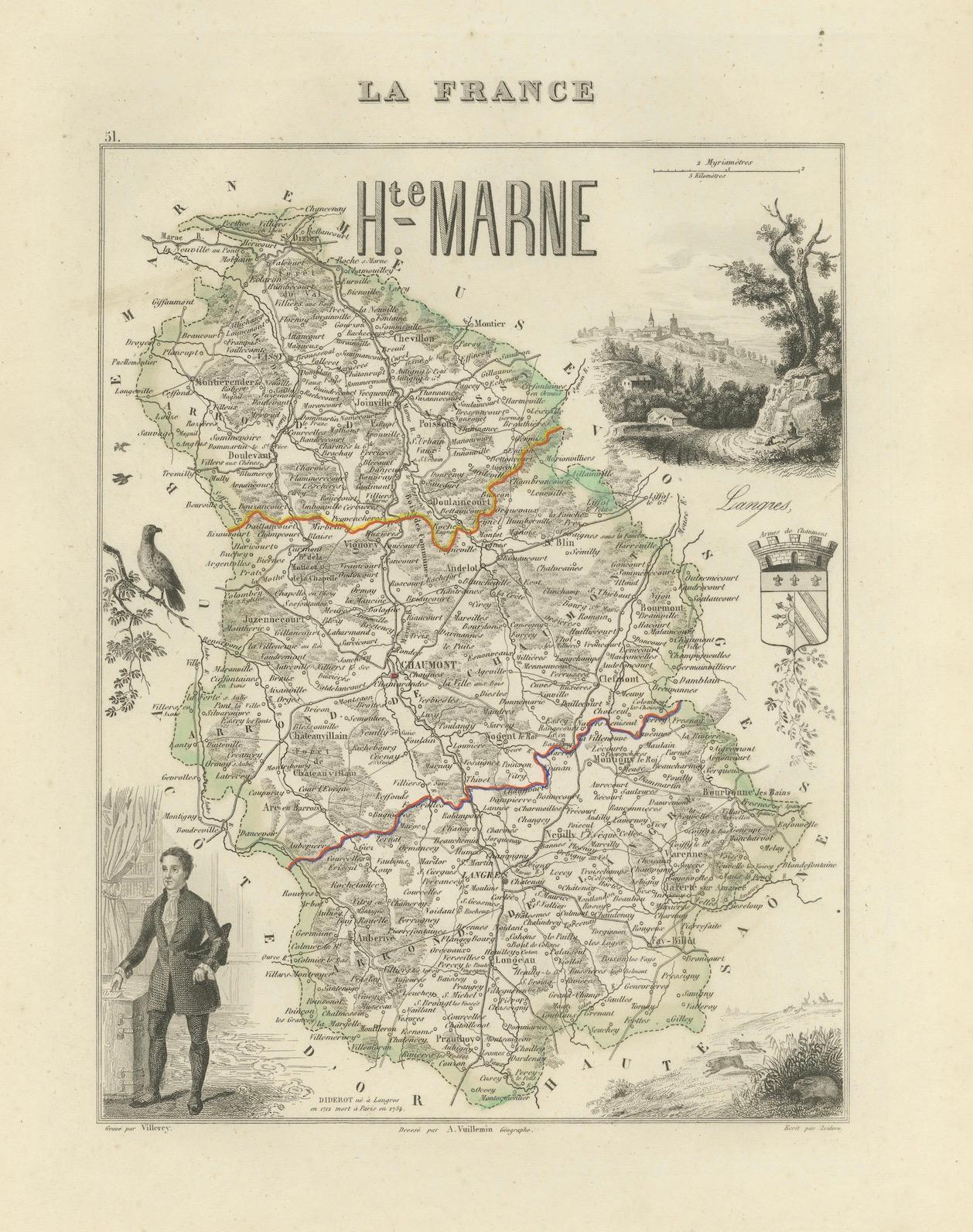 Carte ancienne de la Haute-Marne par Vuillemin avec inserts décoratifs, années 1840

Cette carte finement gravée et coloriée à la main de la Haute-Marne, département historique du nord-est de la France, a été réalisée par Alexandre Vuillemin et
