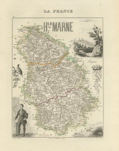 Antique Map of Haute-Marne France by Vuillemin with Decorative Insets, 1850s
