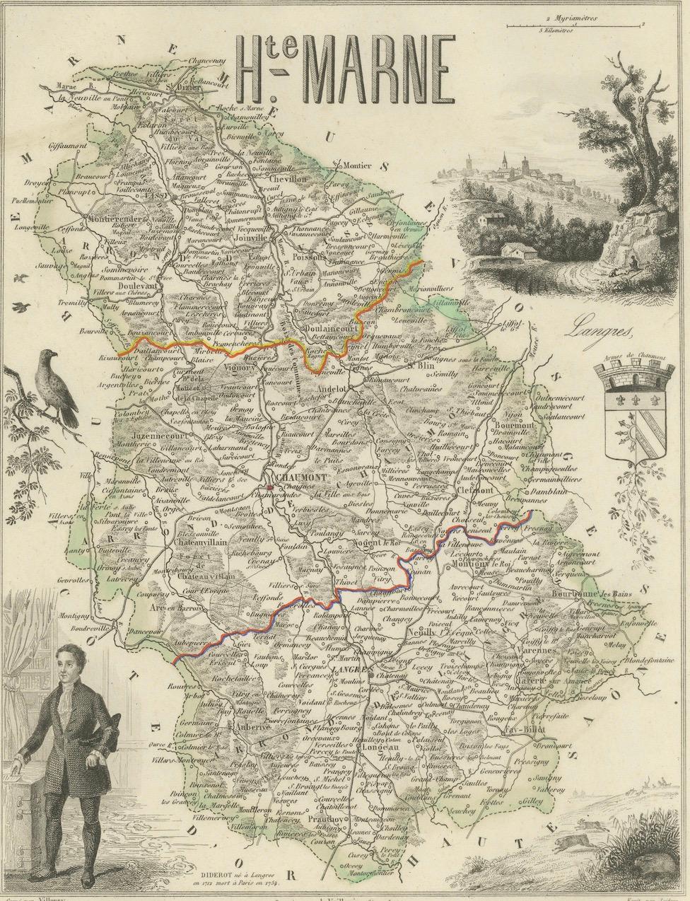 Français Carte ancienne de la Haute-Marne par Vuillemin avec inserts décoratifs, années 1850 en vente