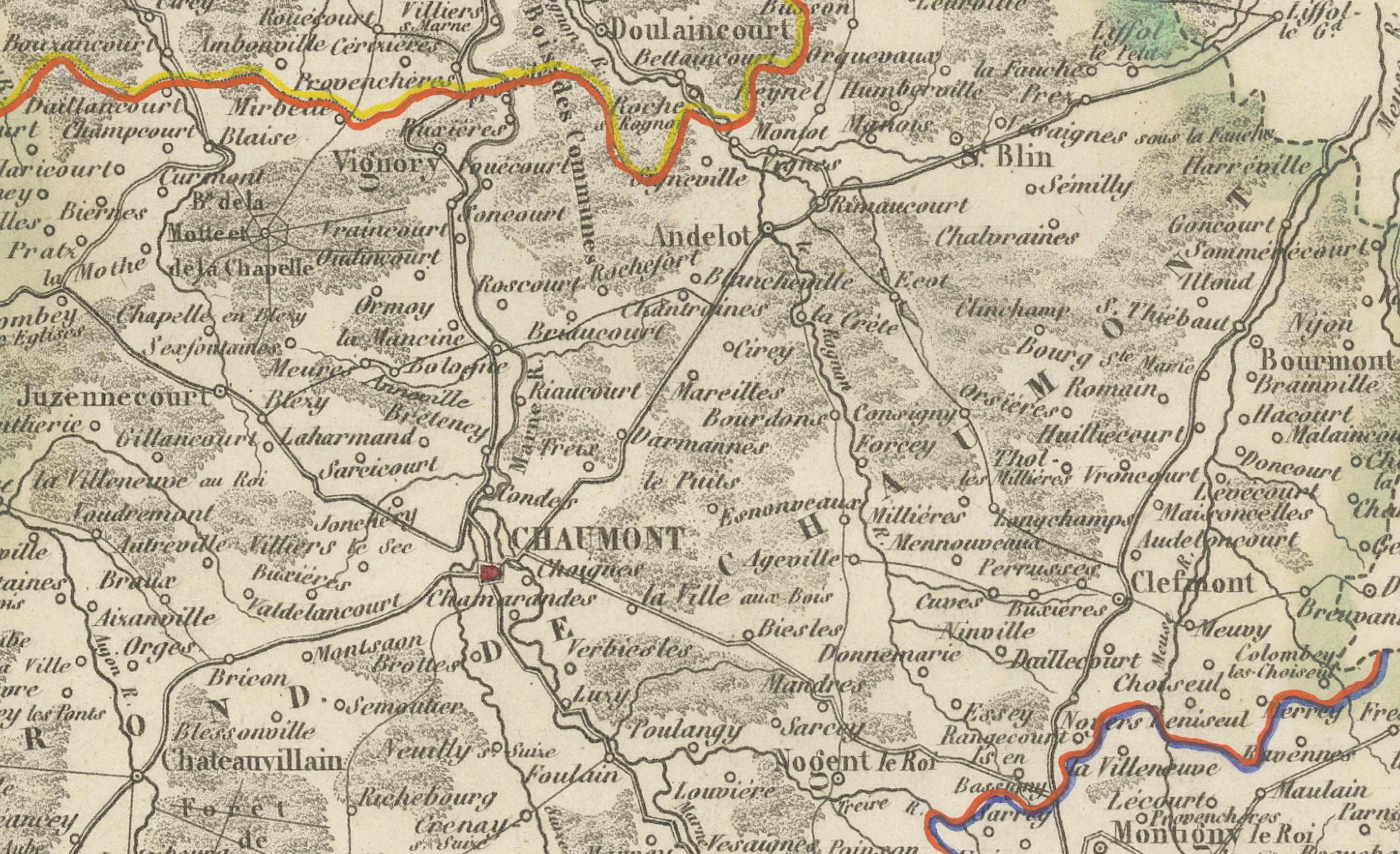 Gravé Carte ancienne de la Haute-Marne par Vuillemin avec inserts décoratifs, années 1850 en vente