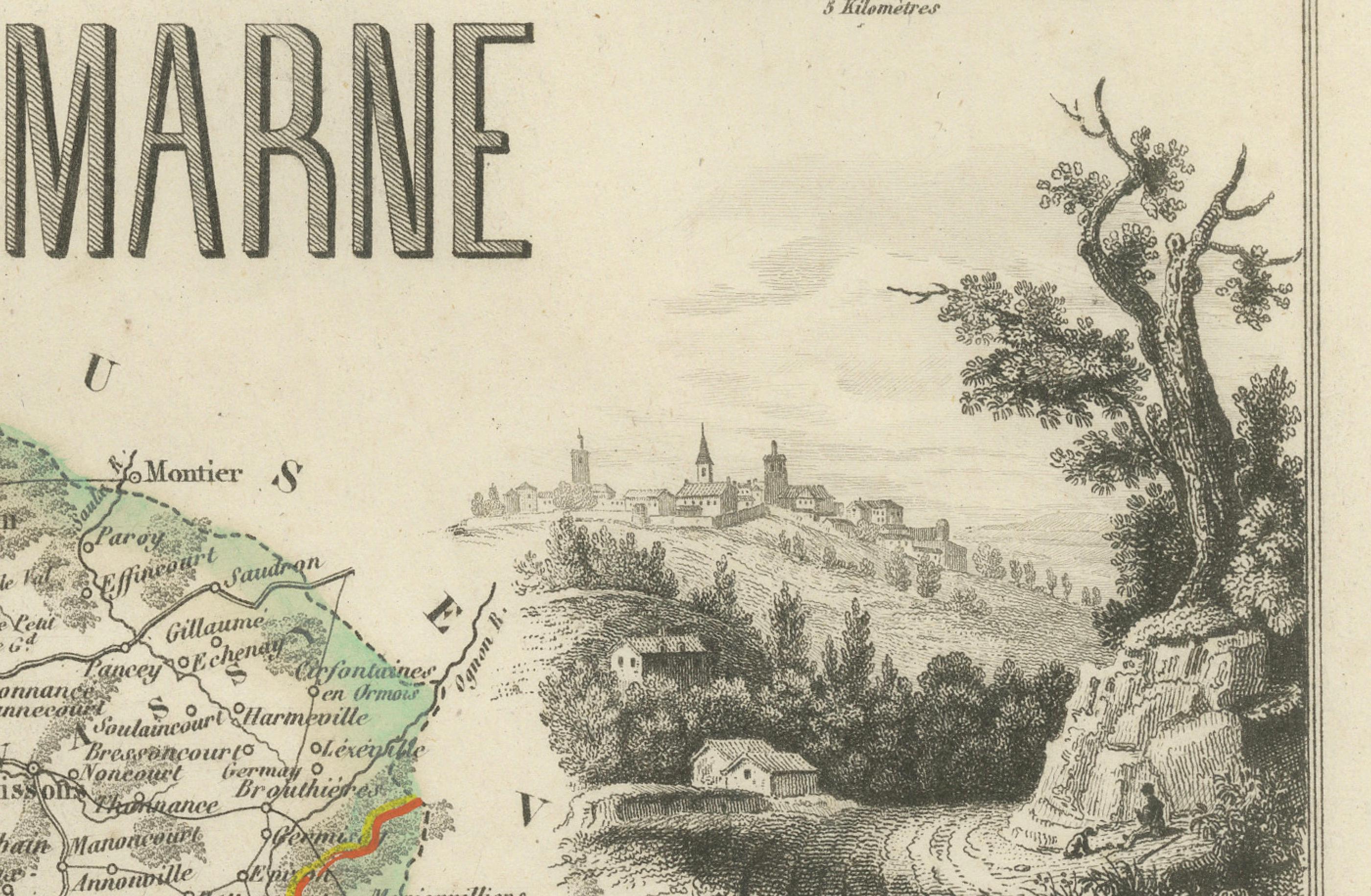 Carte ancienne de la Haute-Marne par Vuillemin avec inserts décoratifs, années 1850 Bon état - En vente à Langweer, NL