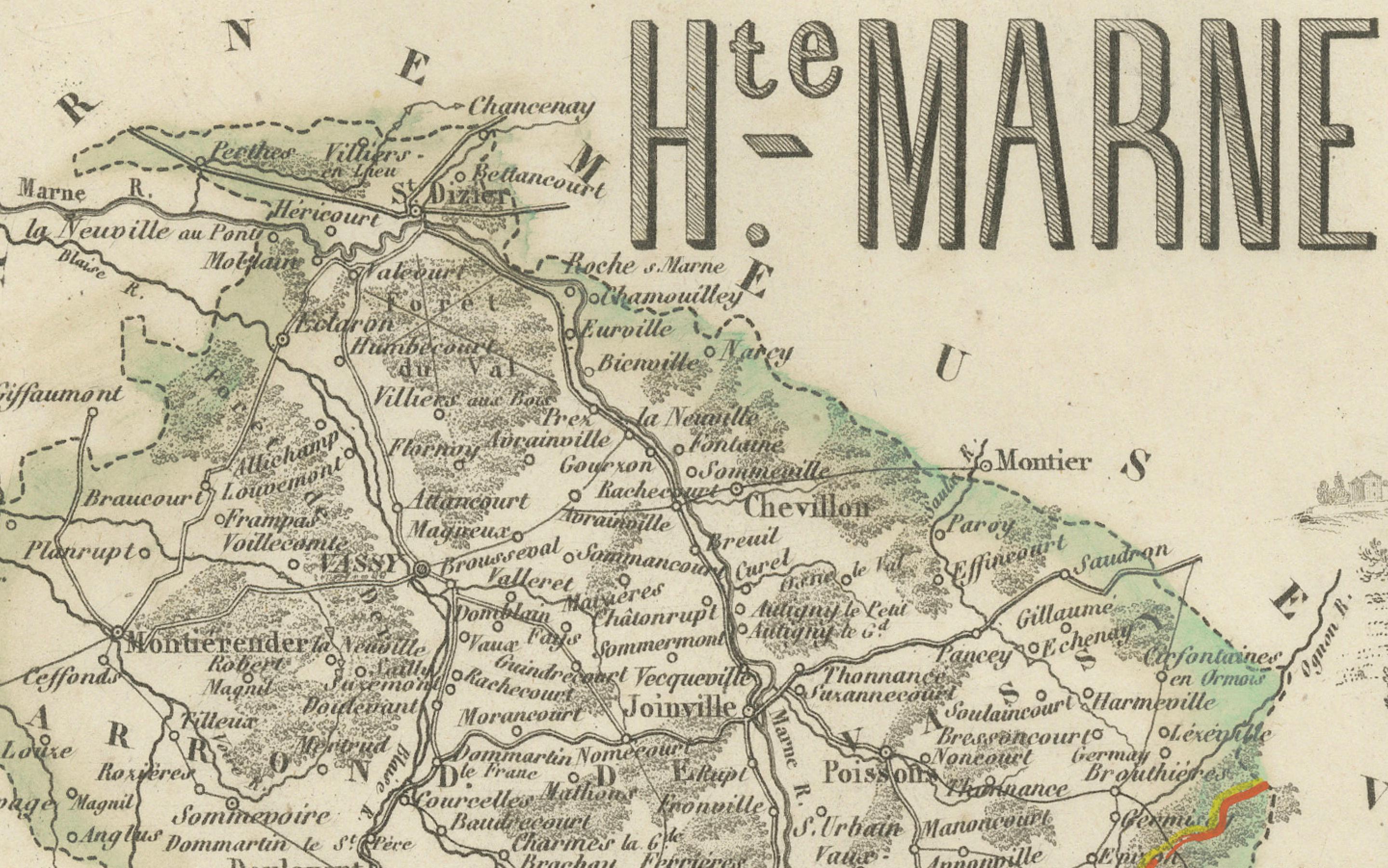 XIXe siècle Carte ancienne de la Haute-Marne par Vuillemin avec inserts décoratifs, années 1850 en vente
