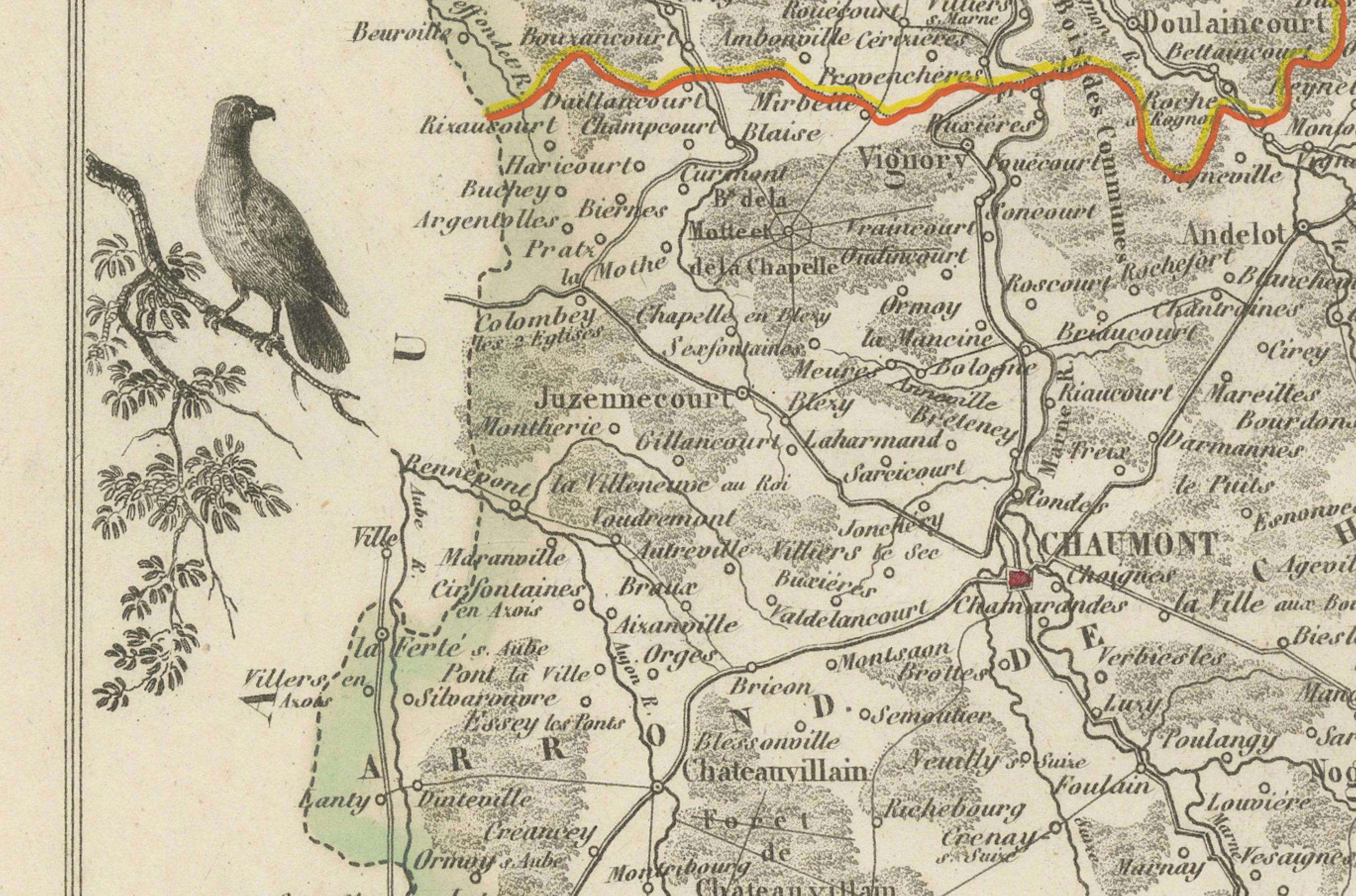 Papier Carte ancienne de la Haute-Marne par Vuillemin avec inserts décoratifs, années 1850 en vente