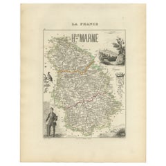 Antique Map of Haute-Marne France by Vuillemin with Decorative Insets, 1850s