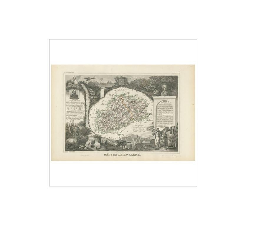 Antike Karte mit dem Titel 'Dépt. de la Hte. Saône'. Karte des französischen Departements Haute-Saône, Frankreich. Teil der wichtigen französischen Weinregion Burgund oder Bourgogne. In diesem Gebiet befindet sich die Käserei Jean Roussey. Die Karte