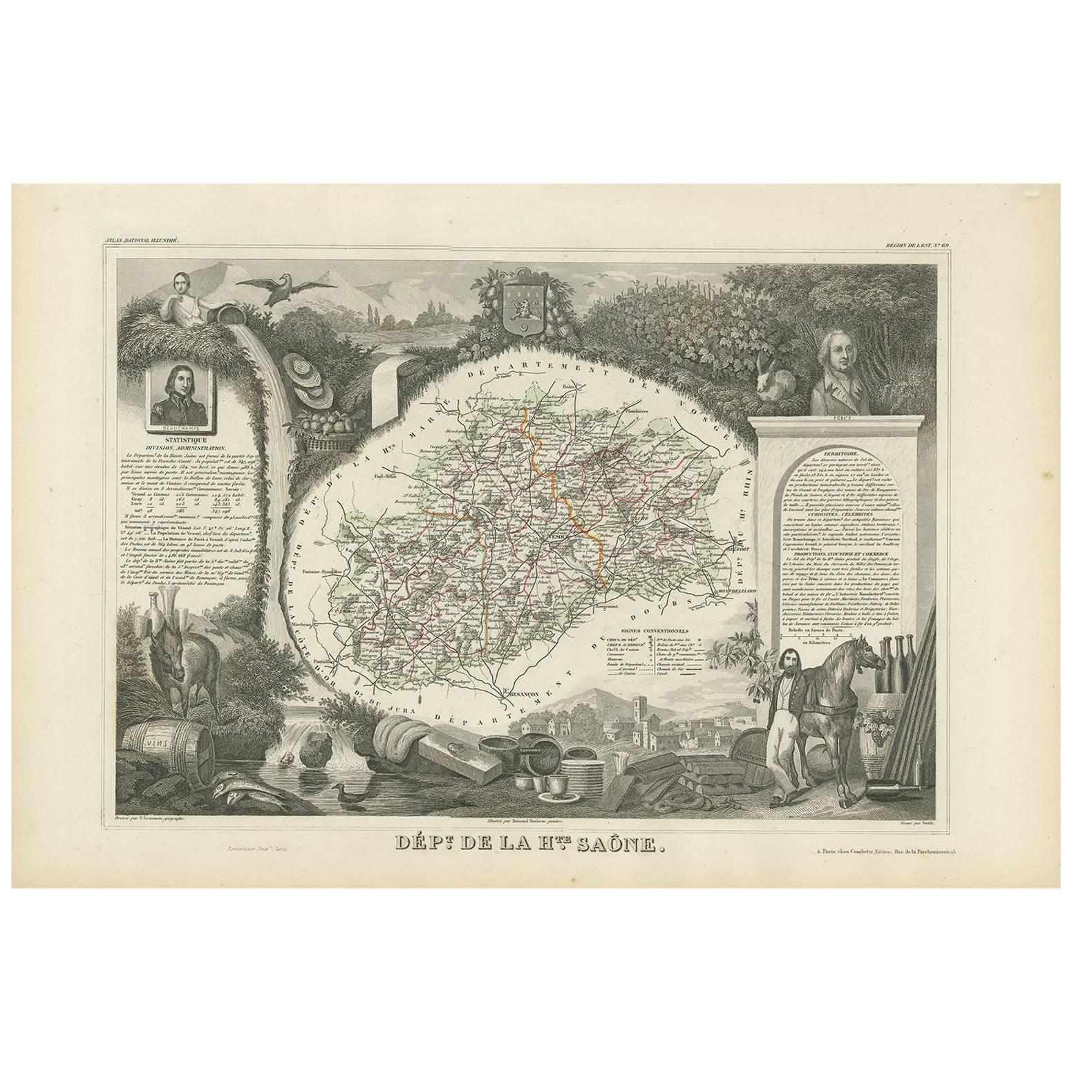 Carta geografica antica della Haute-Saone, Francia di V. Levasseur, 1854