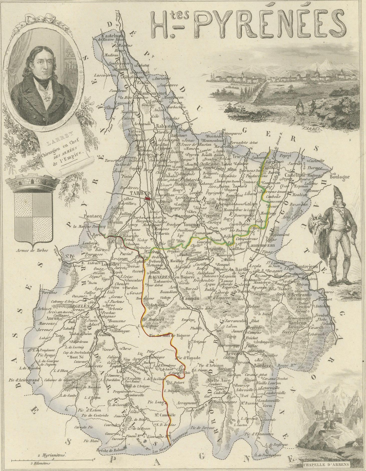 Antique Map of Hautes-Pyrénées, France by Vuillemin, circa 1850