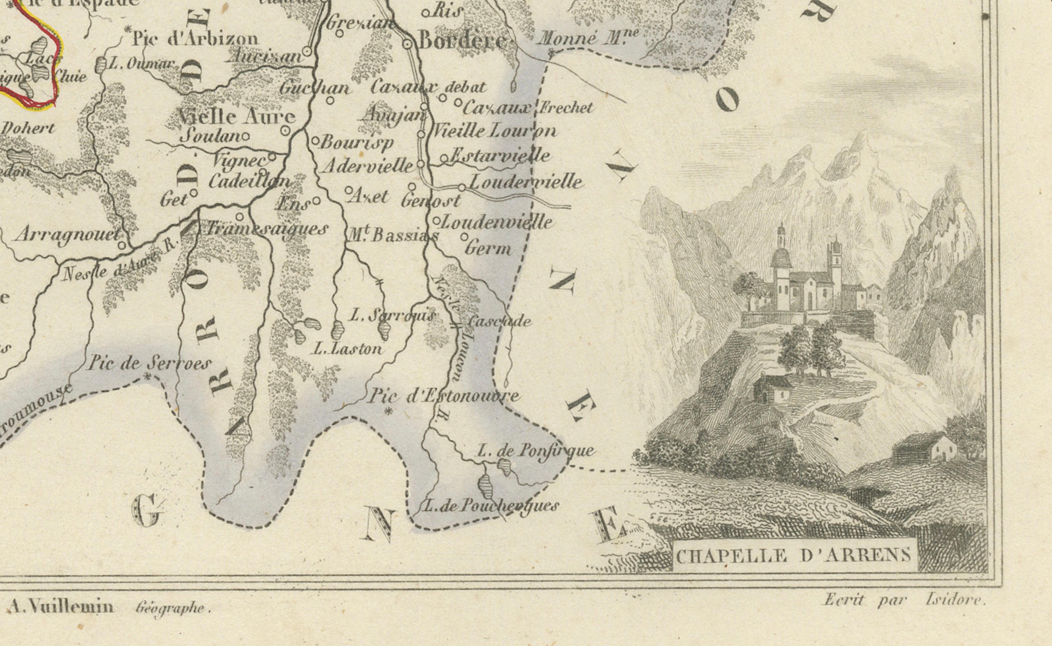 Antique Map of Hautes-Pyrénées, France by Vuillemin, circa 1850