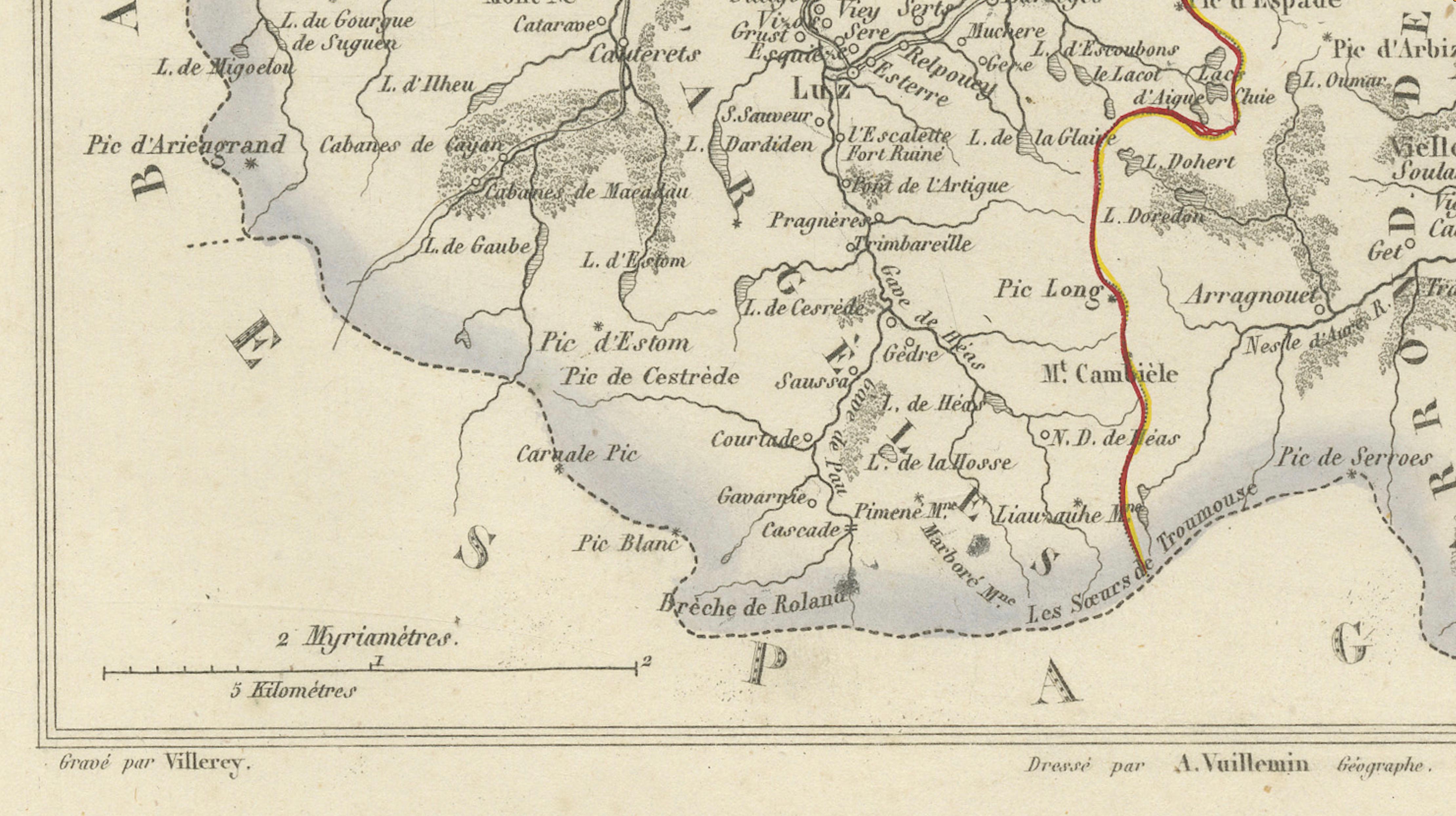 Antique Map of Hautes-Pyrénées, France by Vuillemin, circa 1850