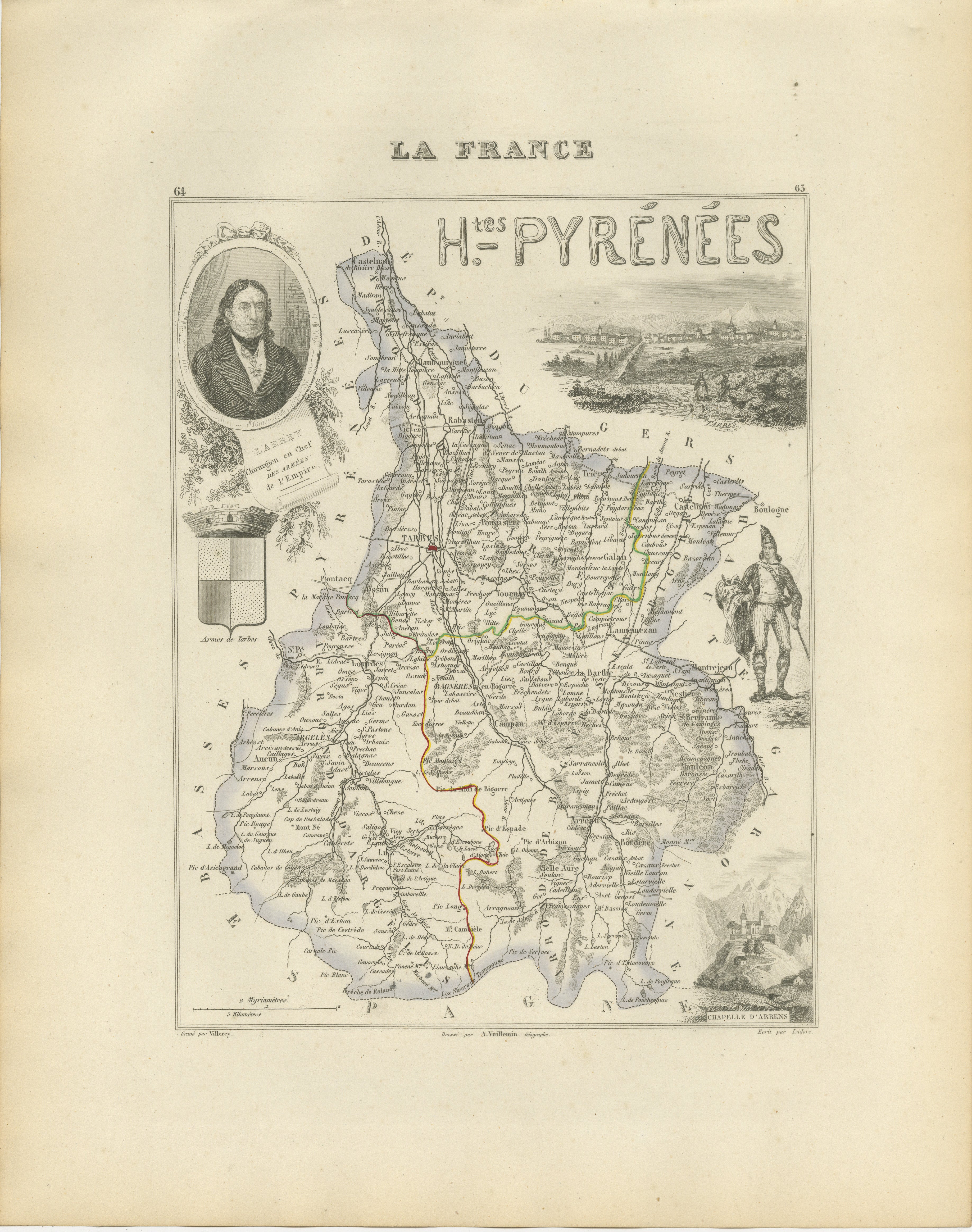 Carte ancienne des Hautes-Pyrénées, en France, par Vuillemin, vers 1850