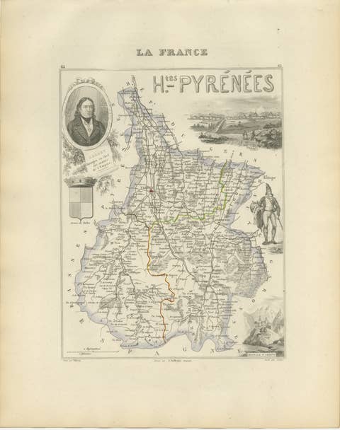 Antique Map of Hautes-Pyrénées, France by Vuillemin, circa 1850